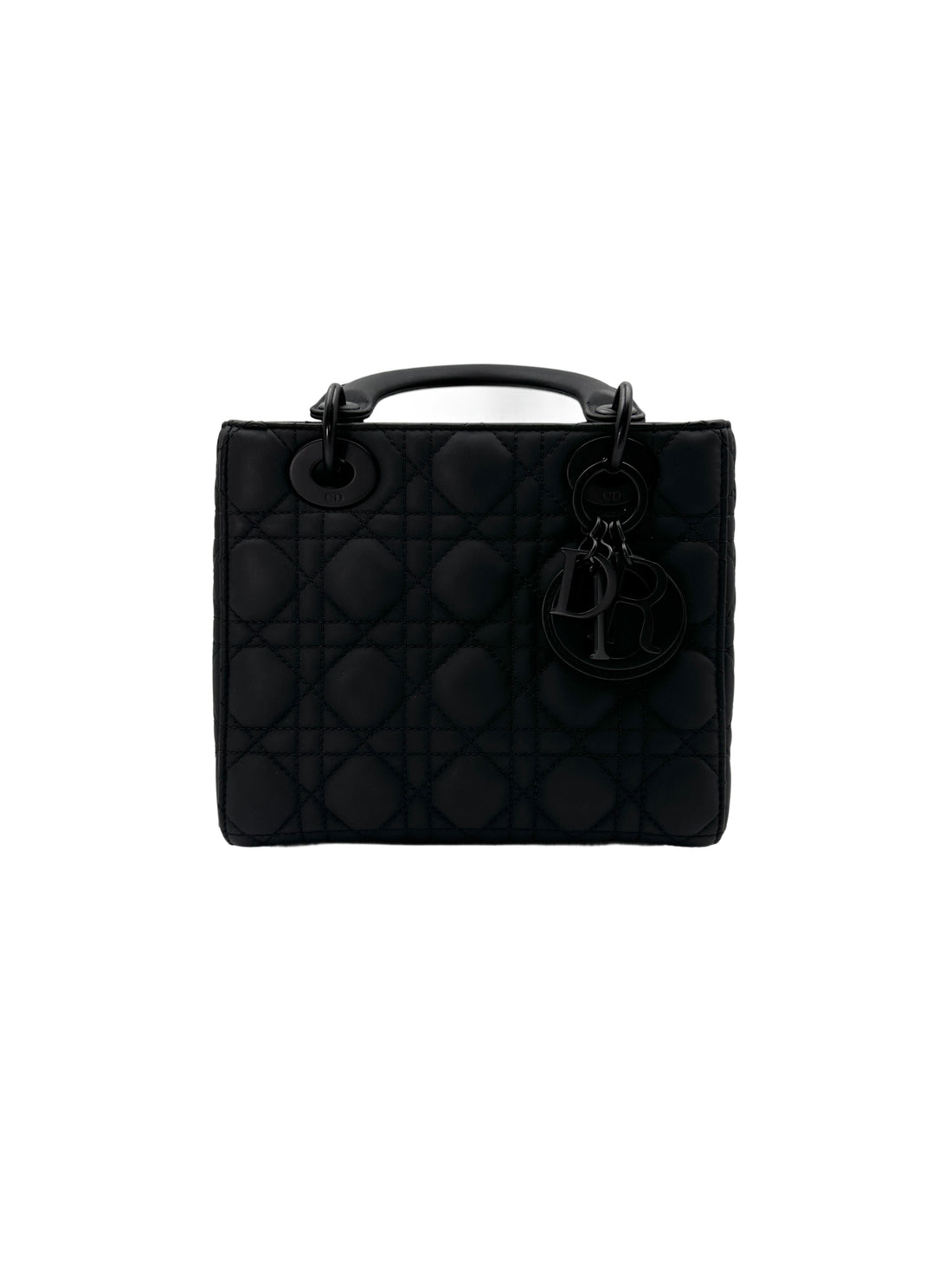 Christian Dior Lady Dior Black Ultramatte Cannage Leather Handle Bag With Tonal Charms DR650