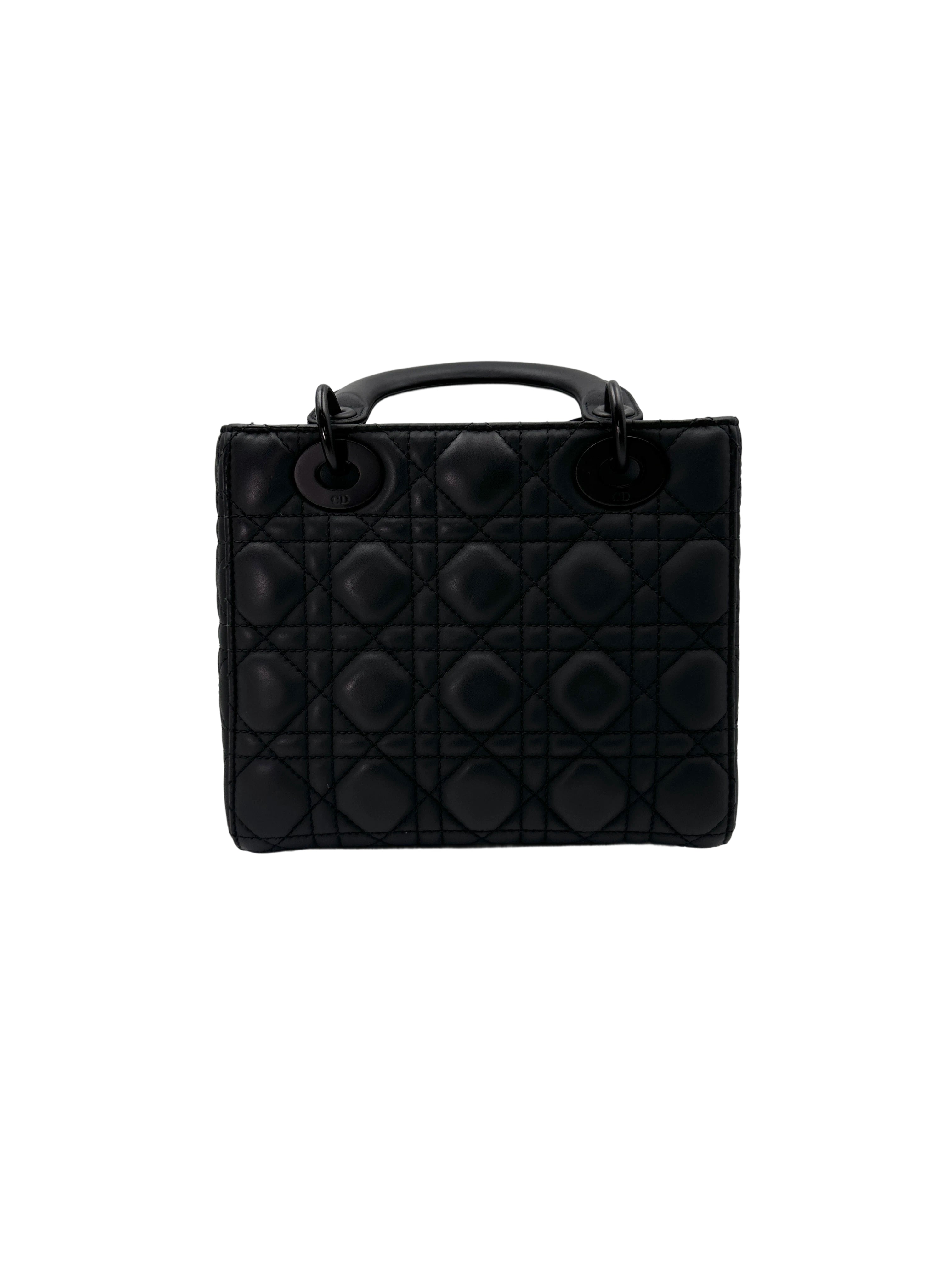 Christian Dior Lady Dior Black Ultramatte Cannage Leather Handle Bag With Tonal Charms DR650