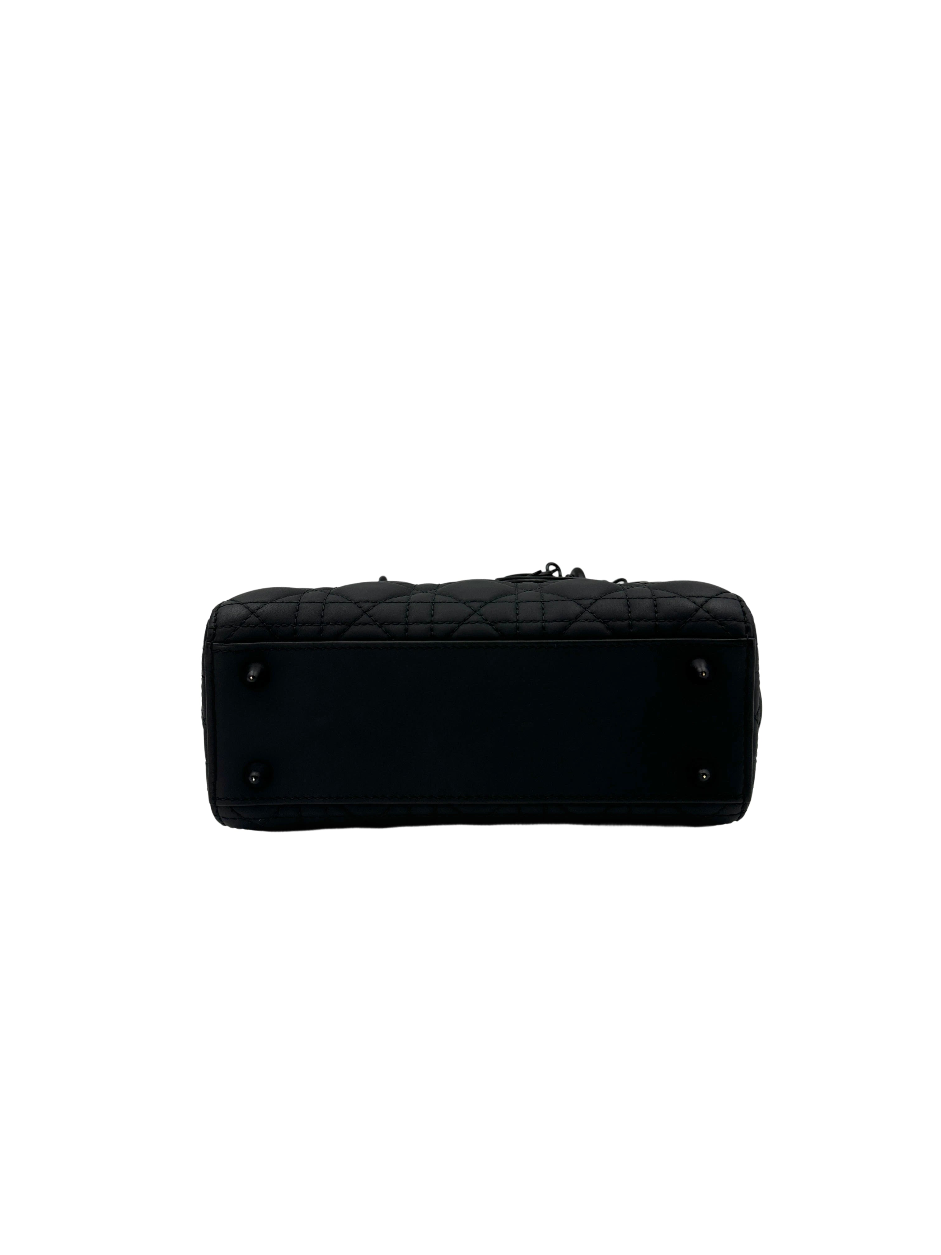 Christian Dior Lady Dior Black Ultramatte Cannage Leather Handle Bag With Tonal Charms DR650