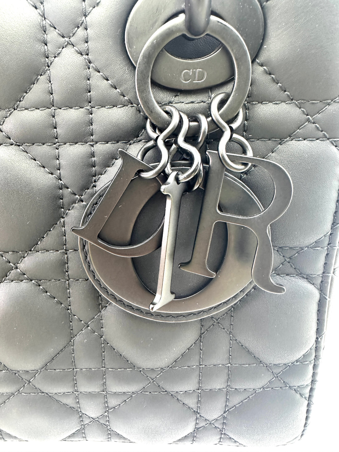 Christian Dior Lady Dior Black Ultramatte Cannage Leather Handle Bag With Tonal Charms DR650