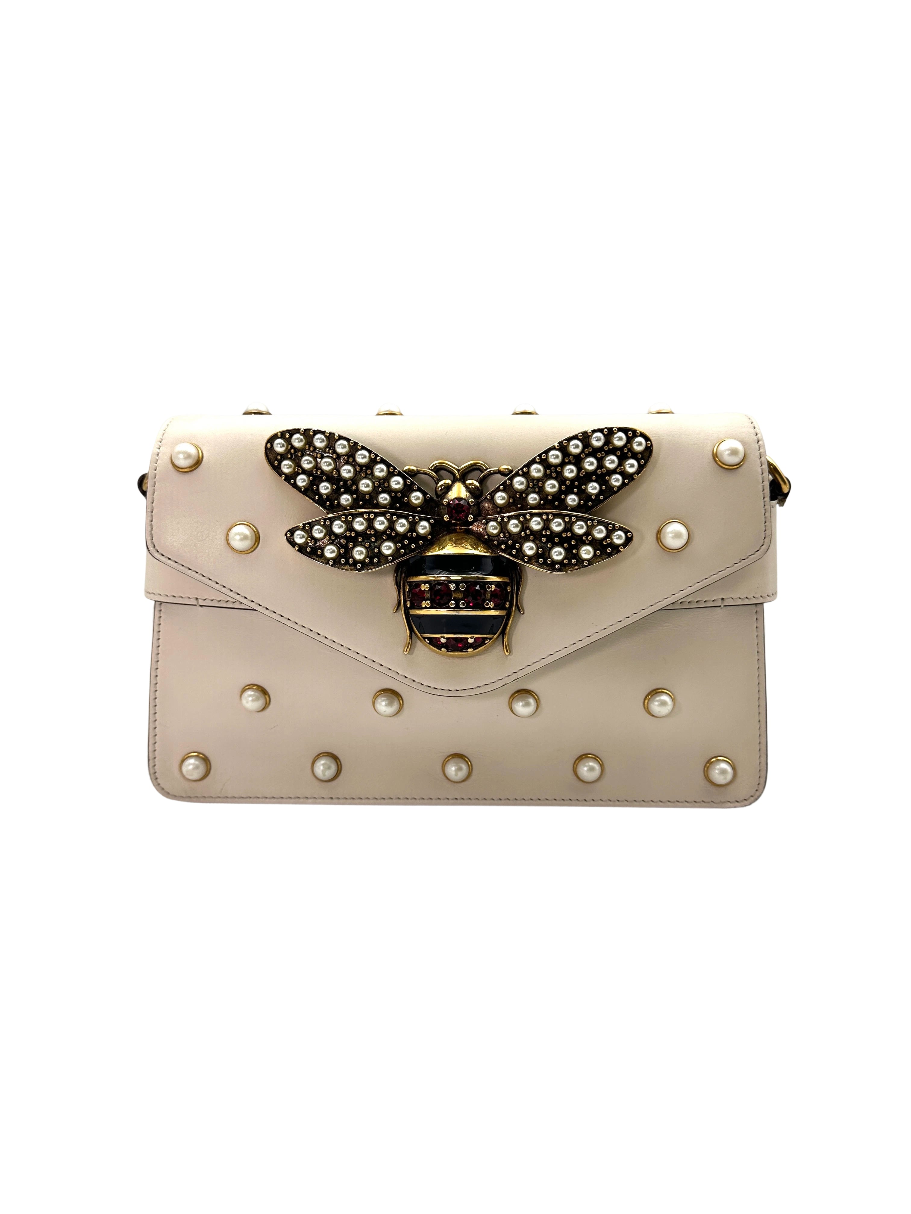 Gucci Queen Margaret Broadway Bee White Leather Pearl Studded Shoulder Bag GG833