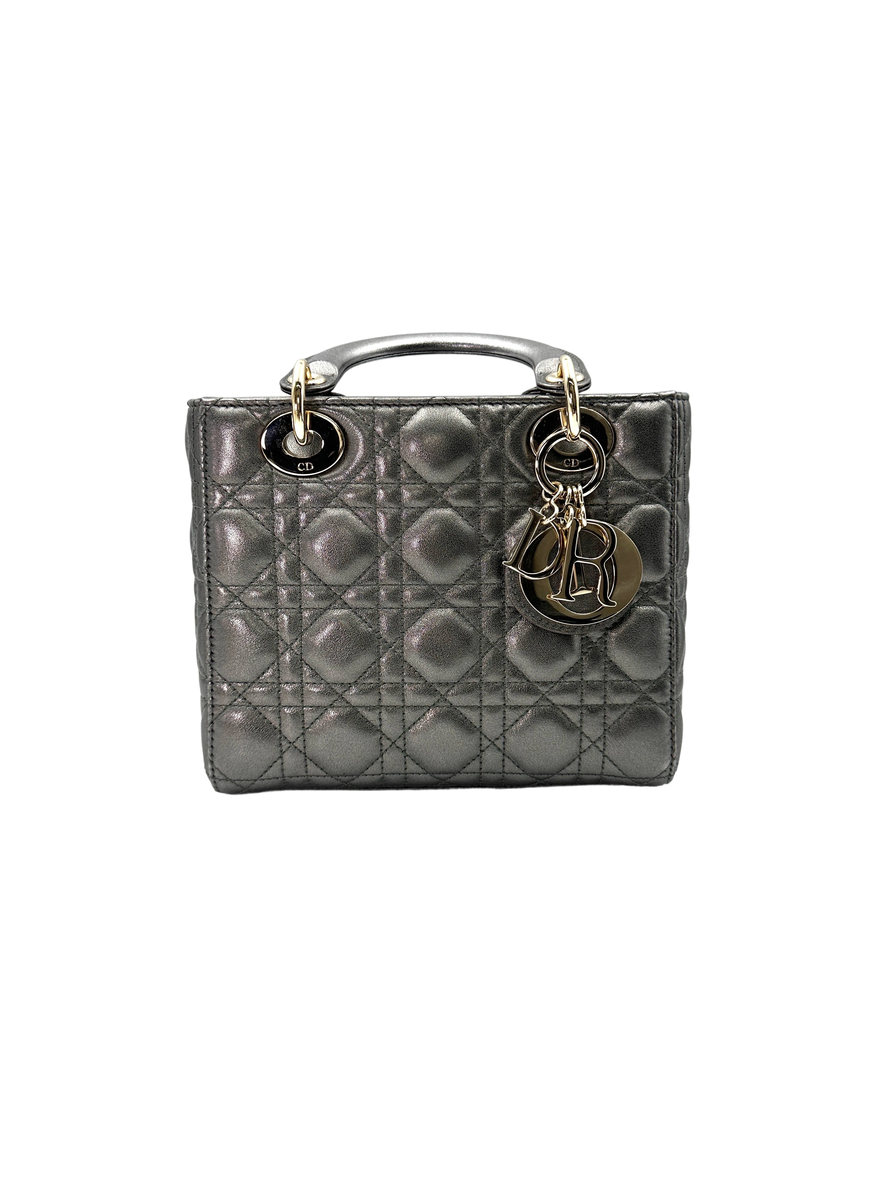 Christian Dior Lady Dior Metallic Grey Cannage Leather Handle Bag With Gold Charms DR664