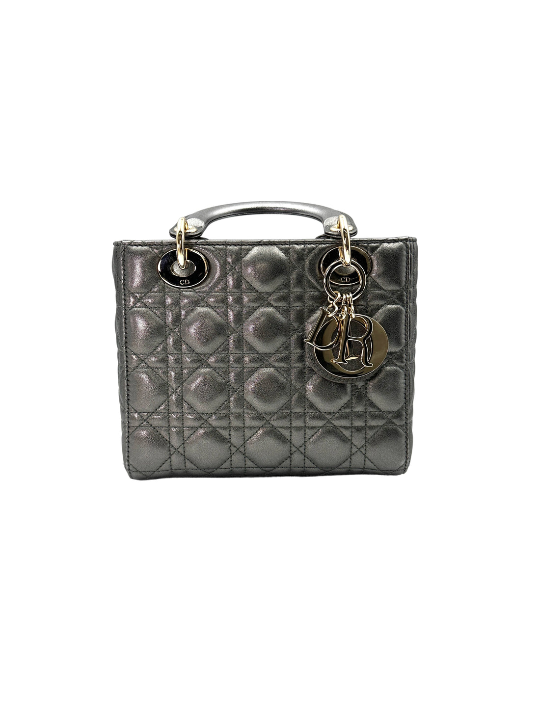 Christian Dior Lady Dior Metallic Grey Cannage Leather Handle Bag With Gold Charms DR664