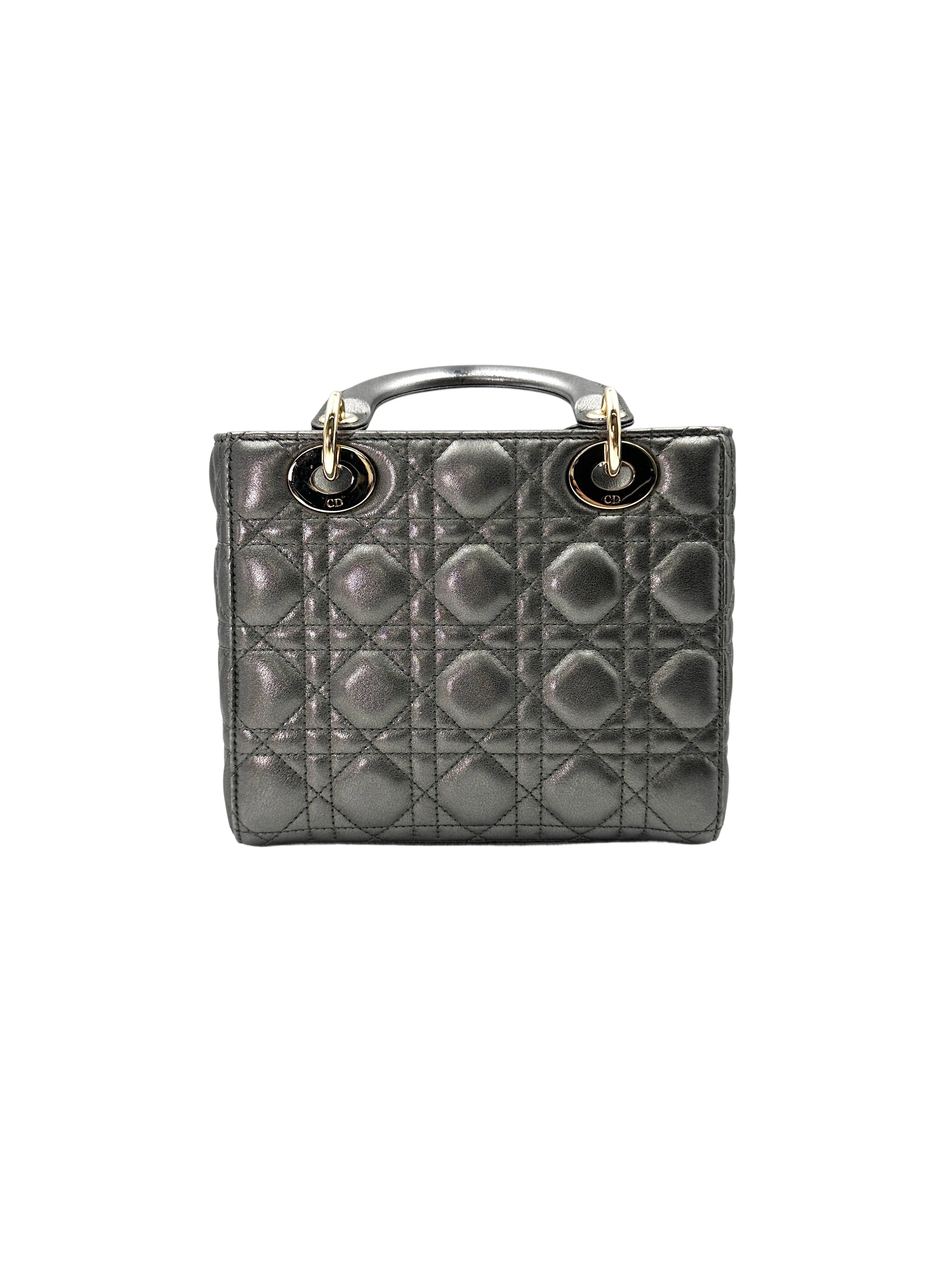 Christian Dior Lady Dior Metallic Grey Cannage Leather Handle Bag With Gold Charms DR664