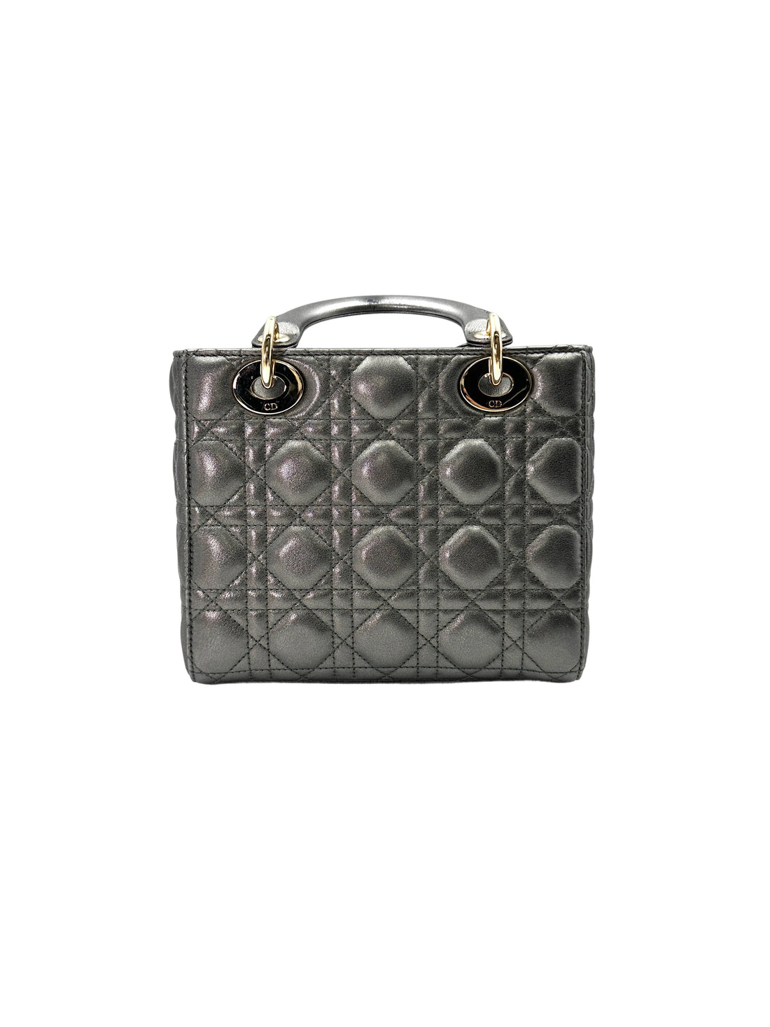 Christian Dior Lady Dior Metallic Grey Cannage Leather Handle Bag With Gold Charms DR664