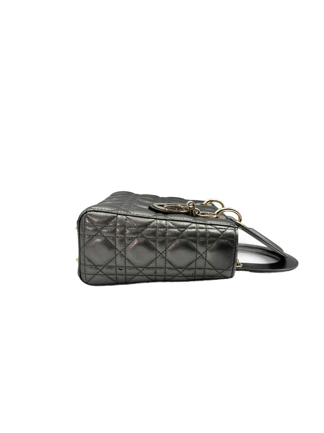 Christian Dior Lady Dior Metallic Grey Cannage Leather Handle Bag With Gold Charms DR664
