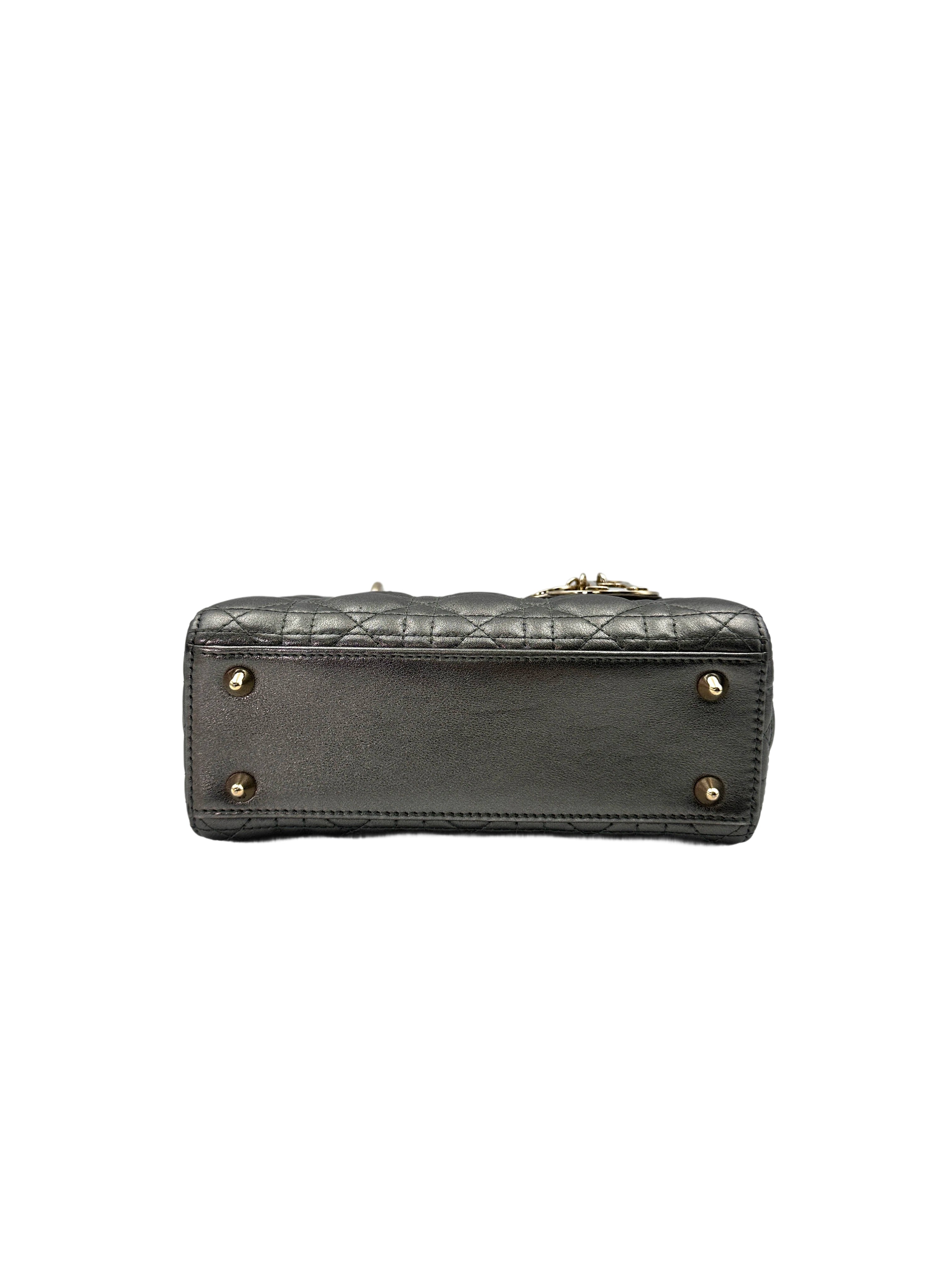 Christian Dior Lady Dior Metallic Grey Cannage Leather Handle Bag With Gold Charms DR664