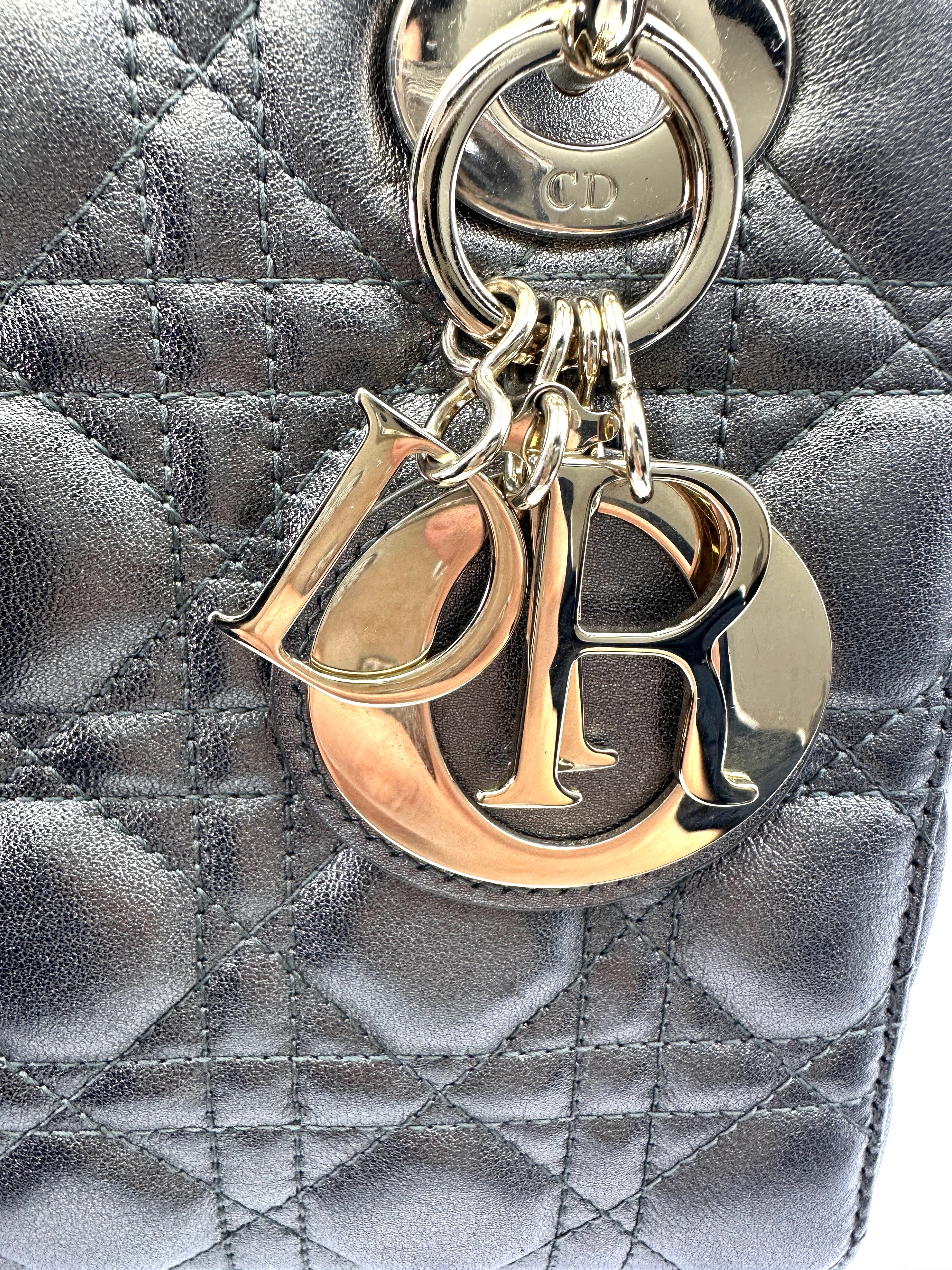 Christian Dior Lady Dior Metallic Grey Cannage Leather Handle Bag With Gold Charms DR664