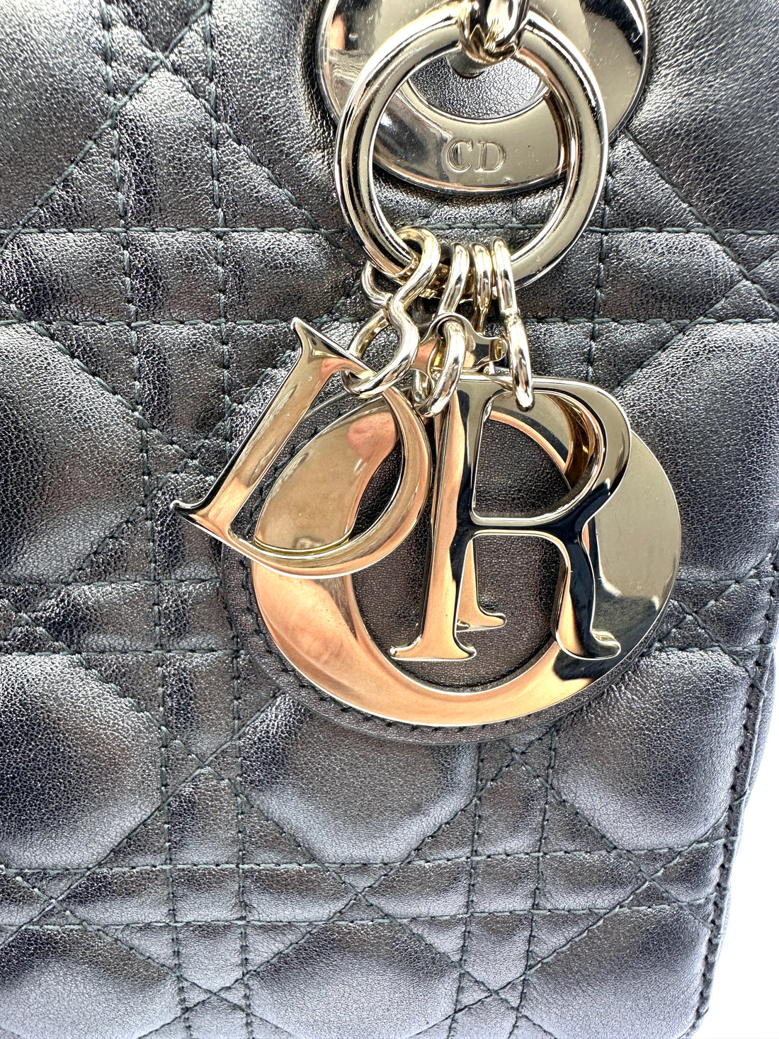 Christian Dior Lady Dior Metallic Grey Cannage Leather Handle Bag With Gold Charms DR664