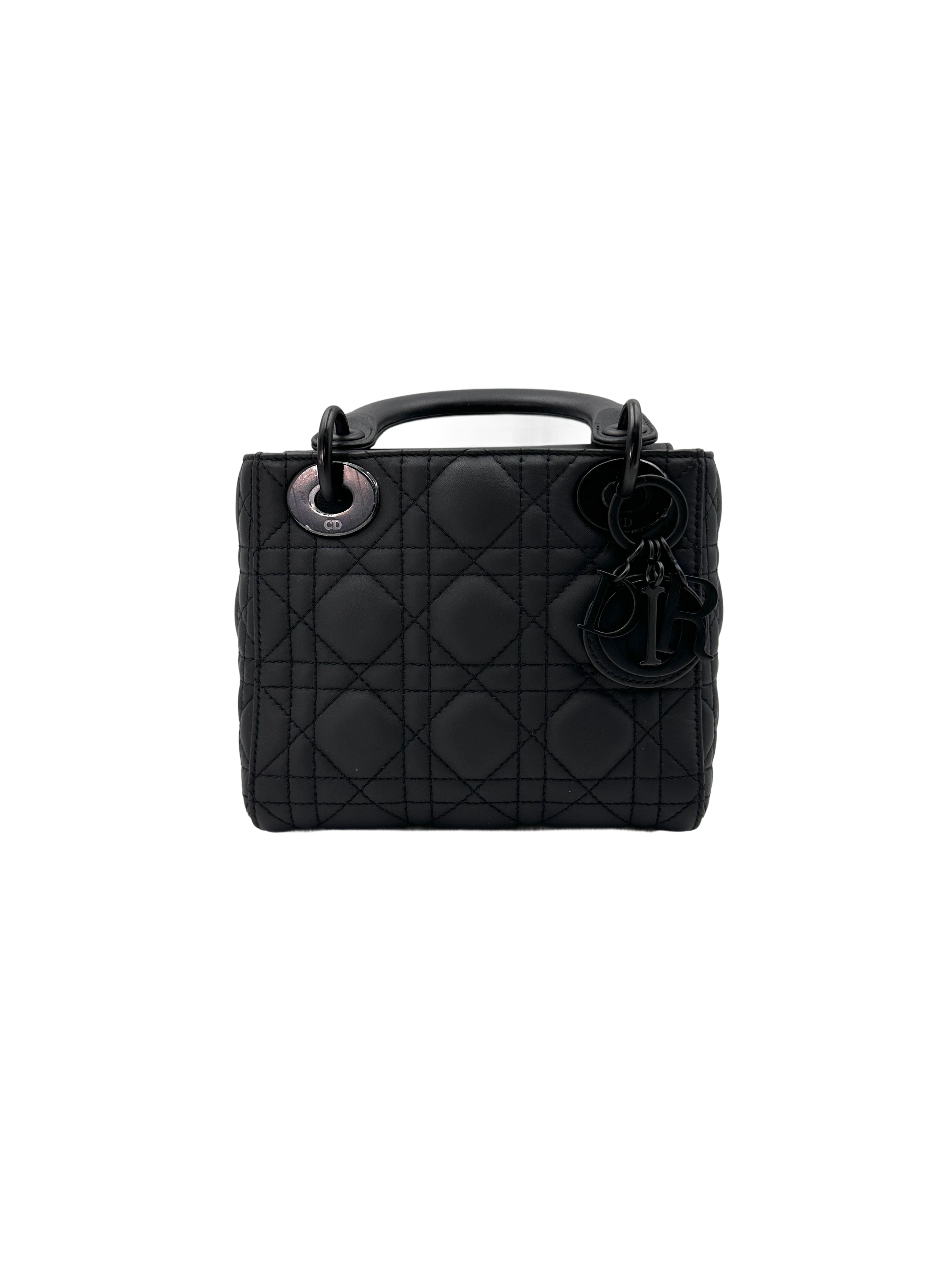 Christian Dior Lady Dior Black Ultramatte Cannage Leather Handle Bag With Tonal Charms DR656