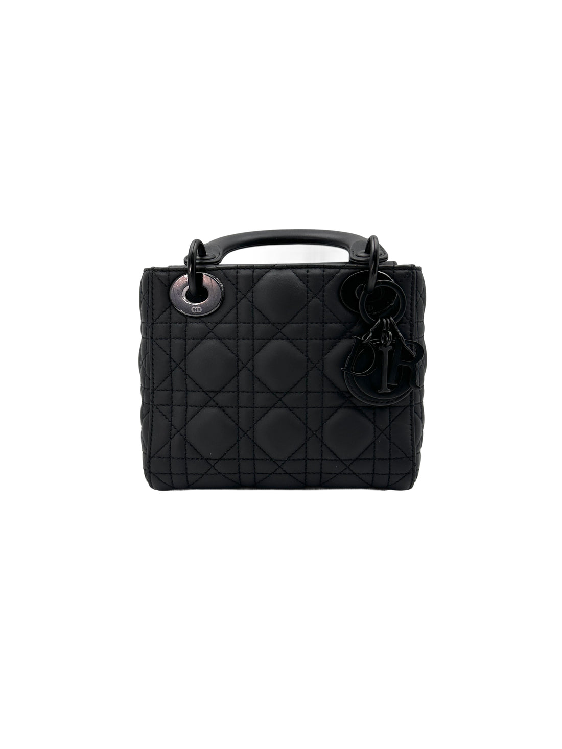 Christian Dior Lady Dior Black Ultramatte Cannage Leather Handle Bag With Tonal Charms DR656