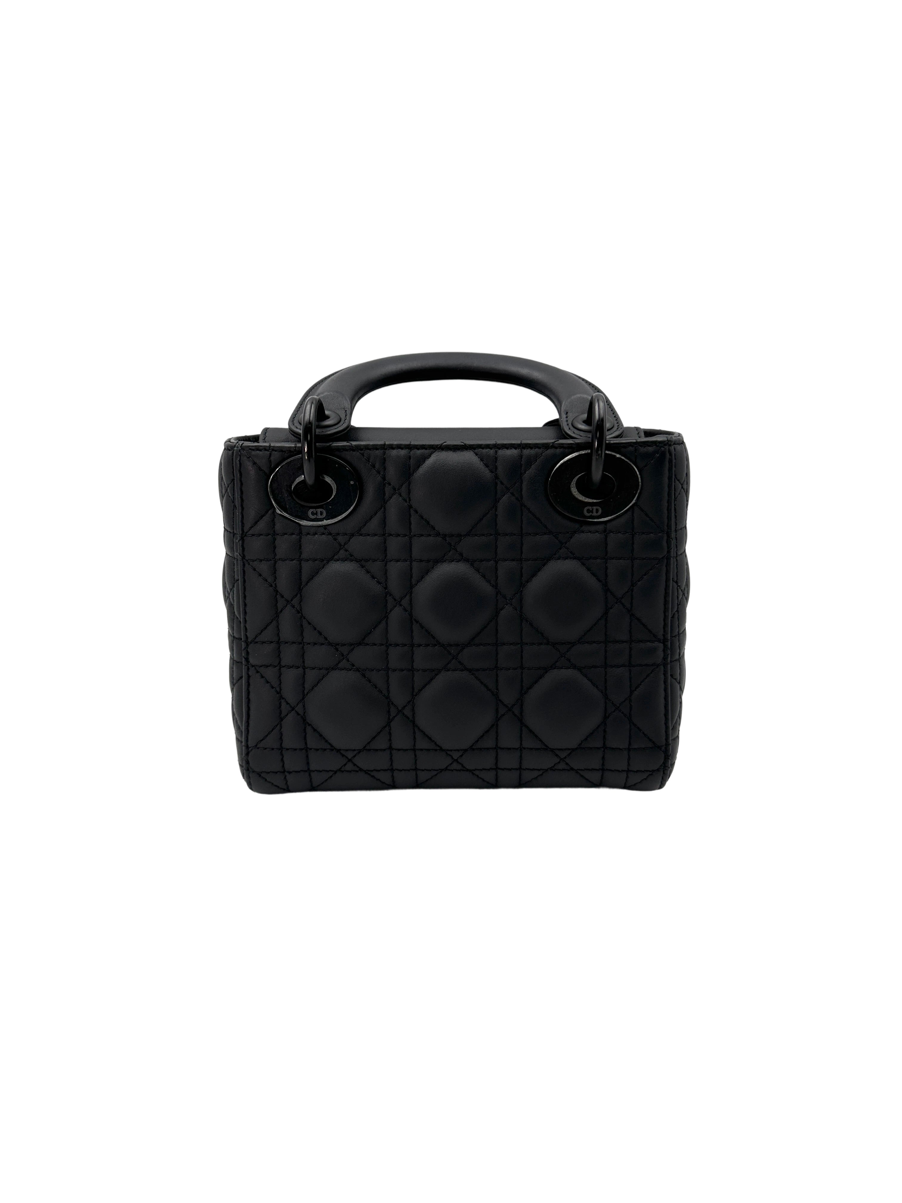 Christian Dior Lady Dior Black Ultramatte Cannage Leather Handle Bag With Tonal Charms DR656