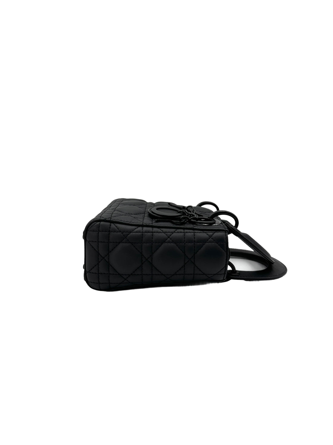 Christian Dior Lady Dior Black Ultramatte Cannage Leather Handle Bag With Tonal Charms DR656