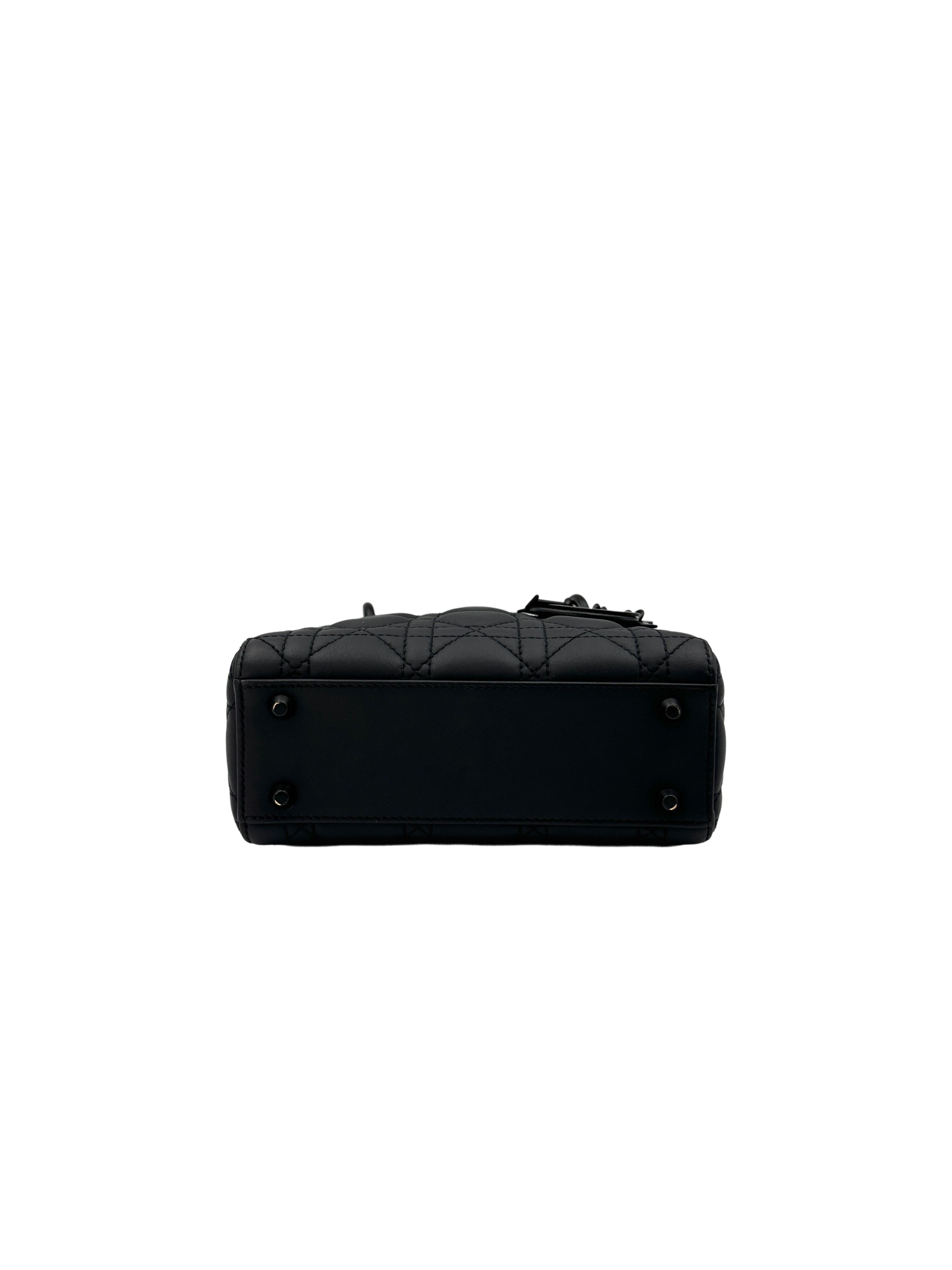Christian Dior Lady Dior Black Ultramatte Cannage Leather Handle Bag With Tonal Charms DR656