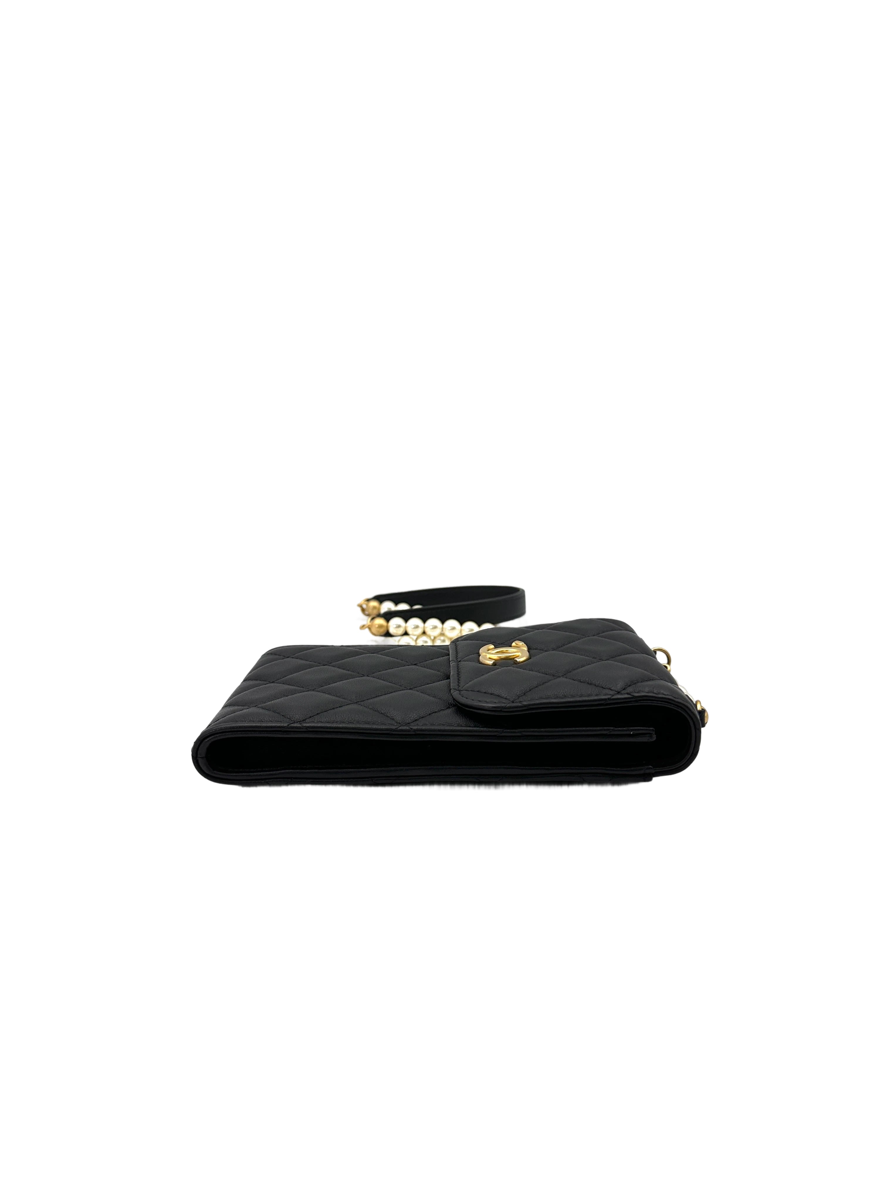 Chanel Black Quilted Lambskin Phone Holder With Pearl Chain(31***28) CC1716