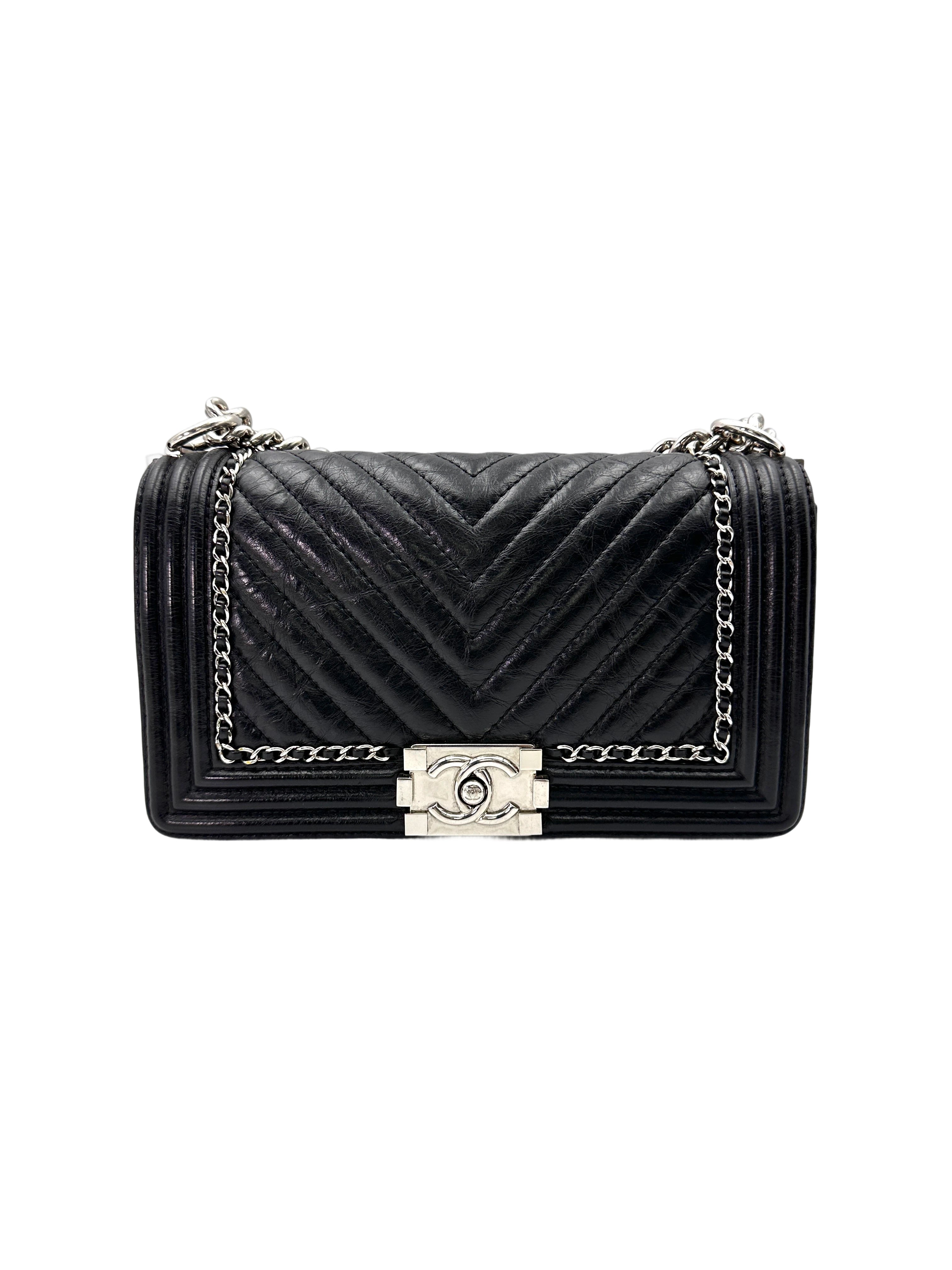 Chanel LeBoy Black Chevron Quilted Leather Chain Around Flap Bag With Silver Buckle(24***18) CC1720