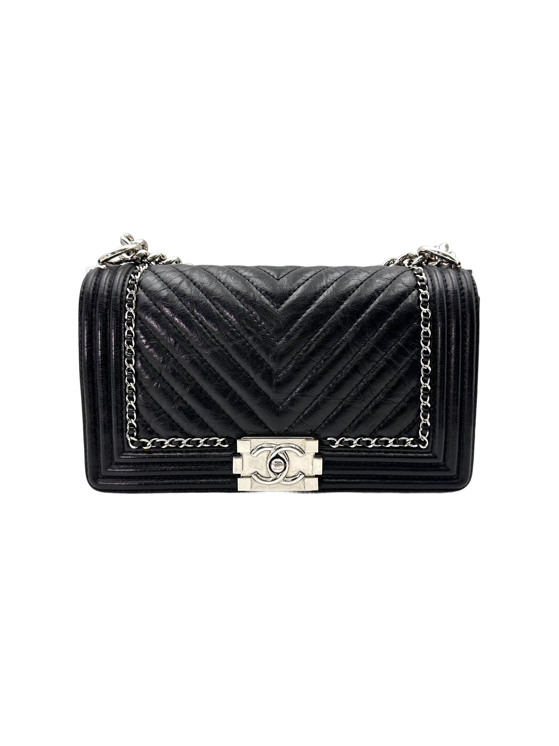 Chanel LeBoy Black Chevron Quilted Leather Chain Around Flap Bag With Silver Buckle(24***18) CC1720