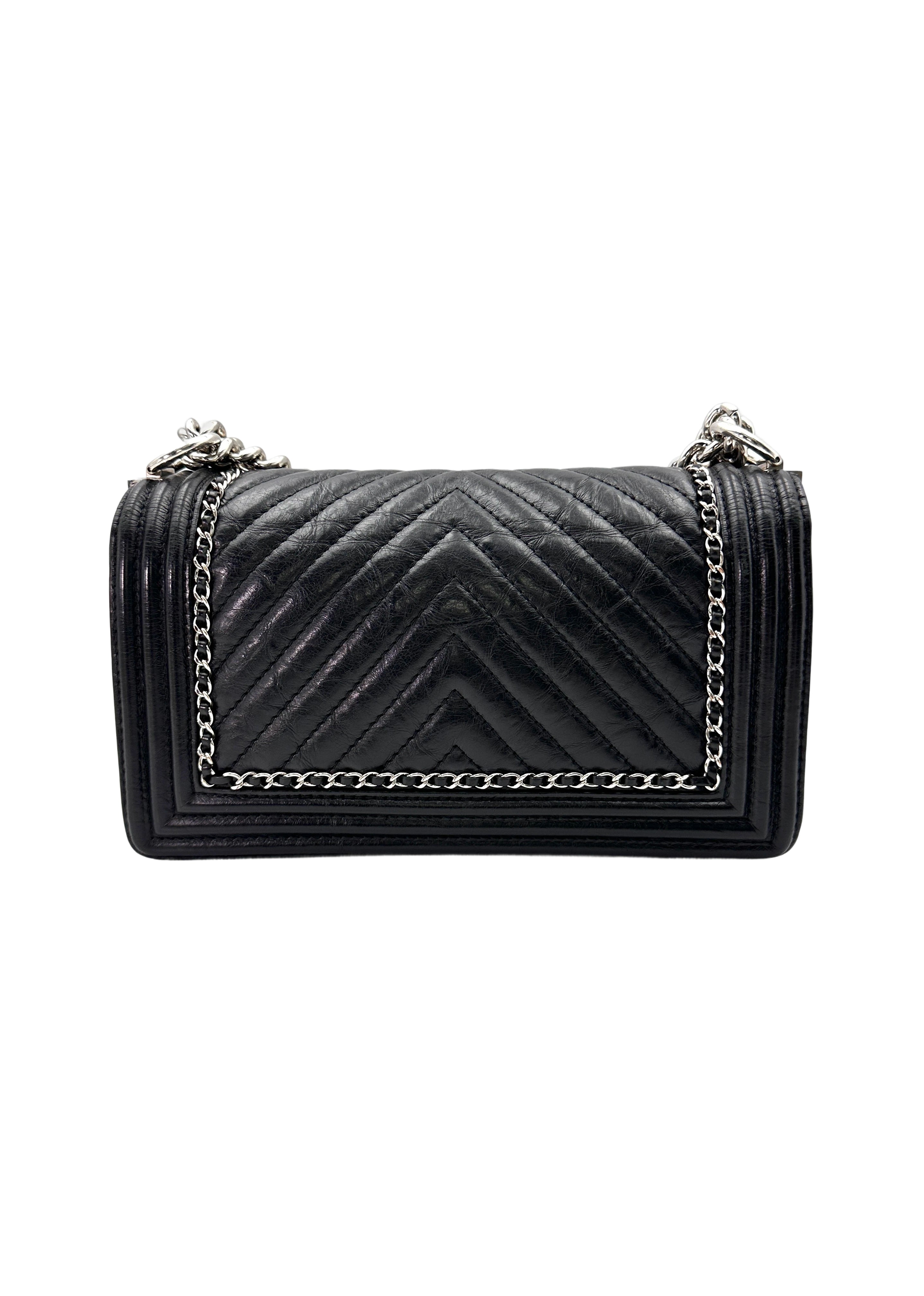 Chanel LeBoy Black Chevron Quilted Leather Chain Around Flap Bag With Silver Buckle(24***18) CC1720