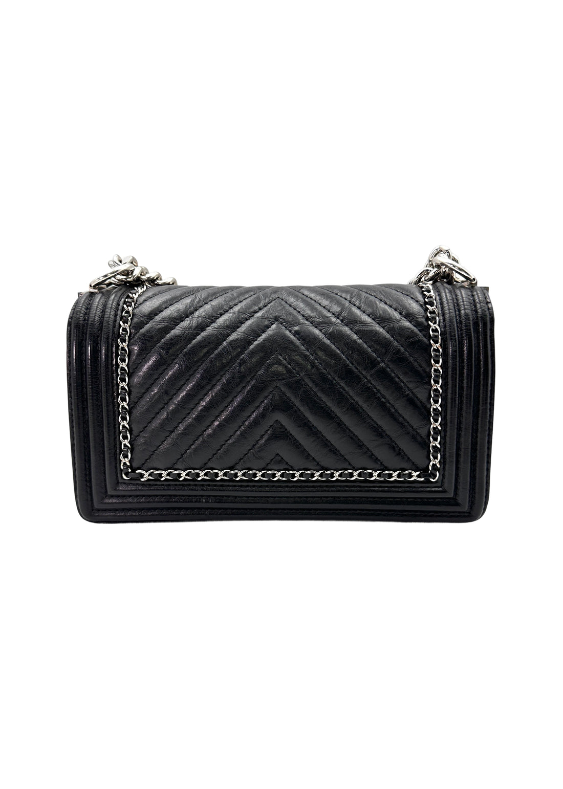 Chanel LeBoy Black Chevron Quilted Leather Chain Around Flap Bag With Silver Buckle(24***18) CC1720