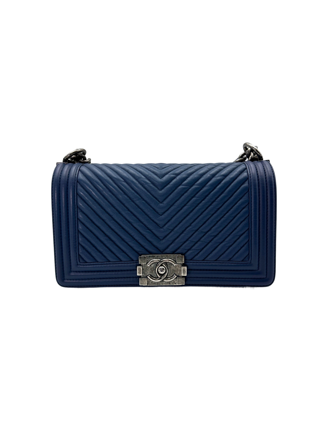 Chanel LeBoy Blue Chevron Quilted Lambskin Medium Size Flap Bag With Silver Buckle(20***32) CC1726