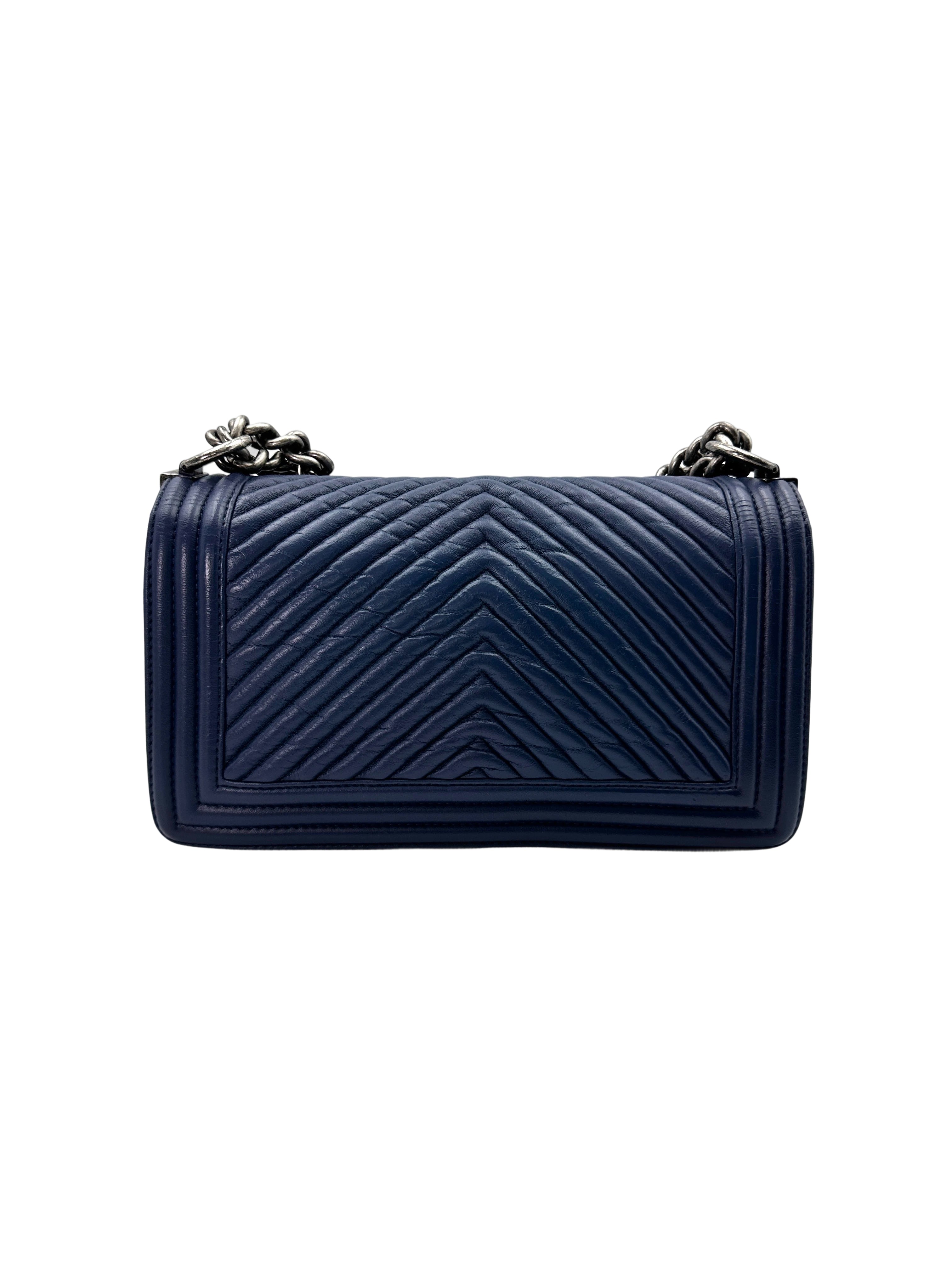Chanel LeBoy Blue Chevron Quilted Lambskin Medium Size Flap Bag With Silver Buckle(20***32) CC1726