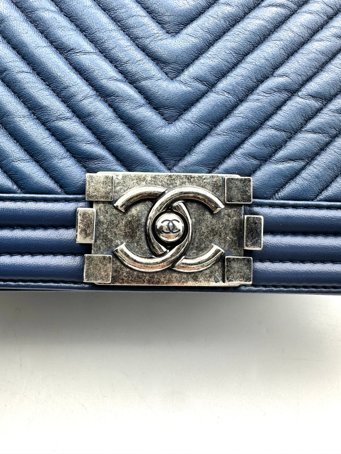 Chanel LeBoy Blue Chevron Quilted Lambskin Medium Size Flap Bag With Silver Buckle(20***32) CC1726