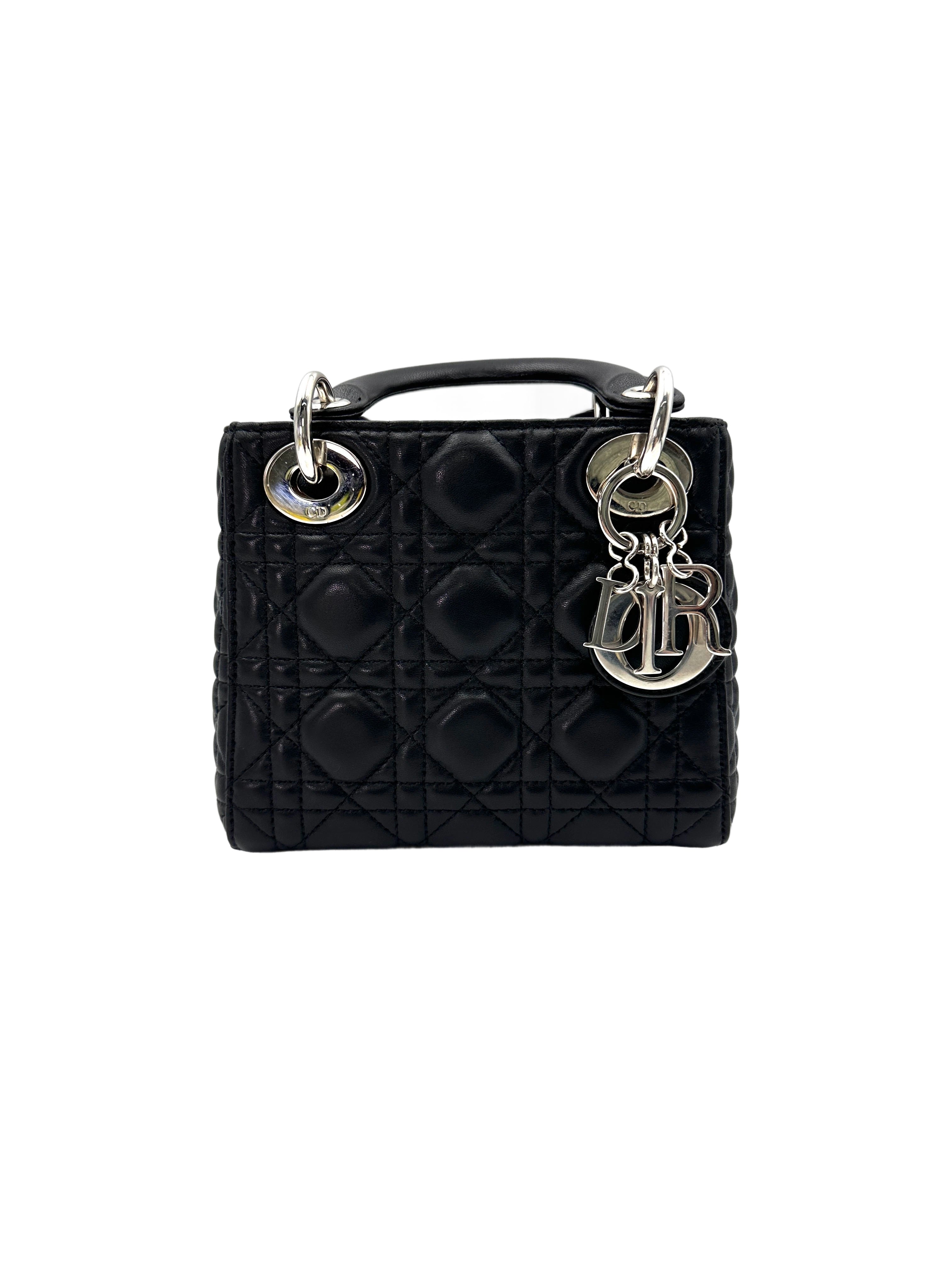 Christian Dior Lady Dior Black Cannage Leather Handle Bag With Silver Charms DR660