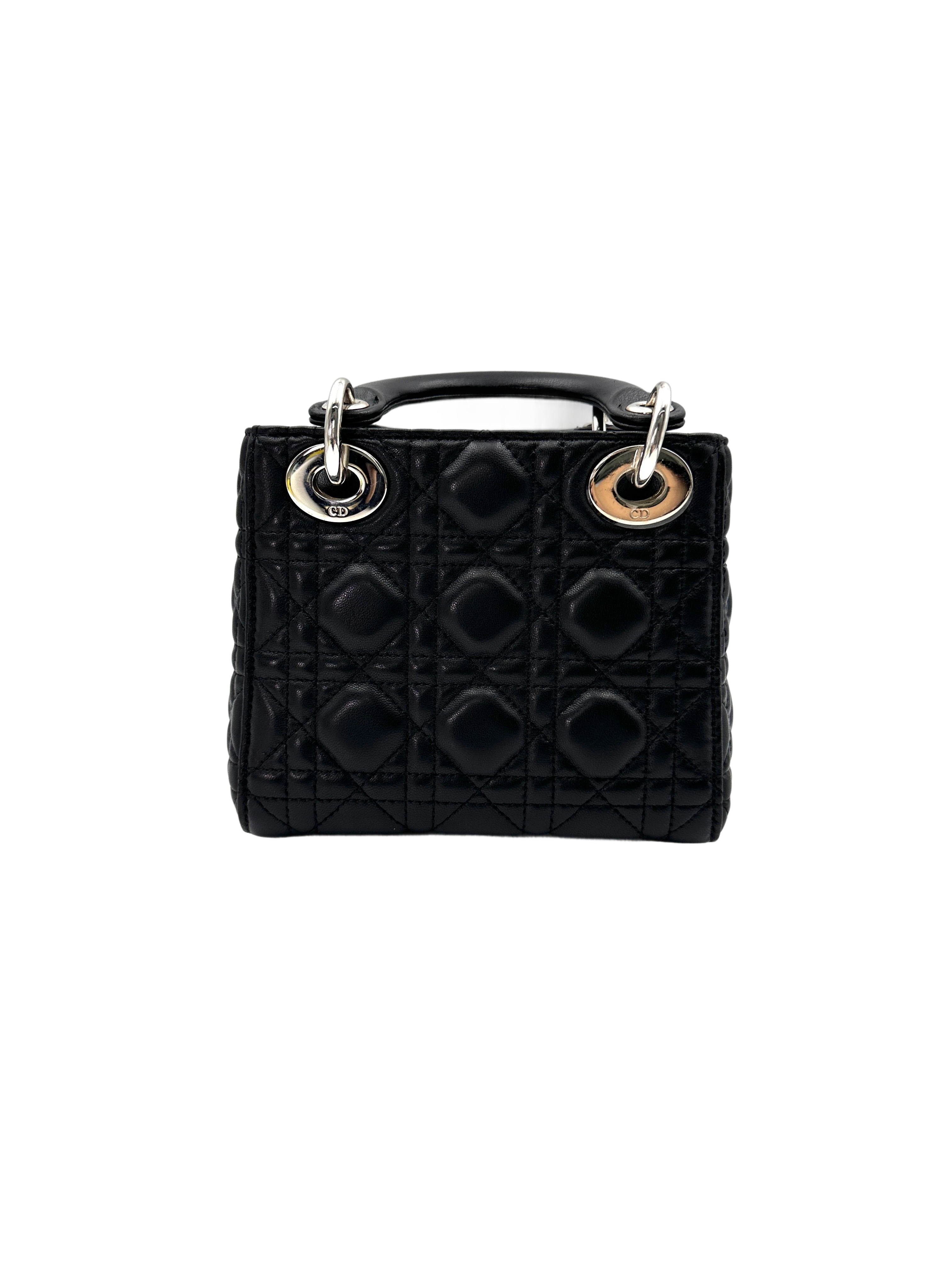 Christian Dior Lady Dior Black Cannage Leather Handle Bag With Silver Charms DR660