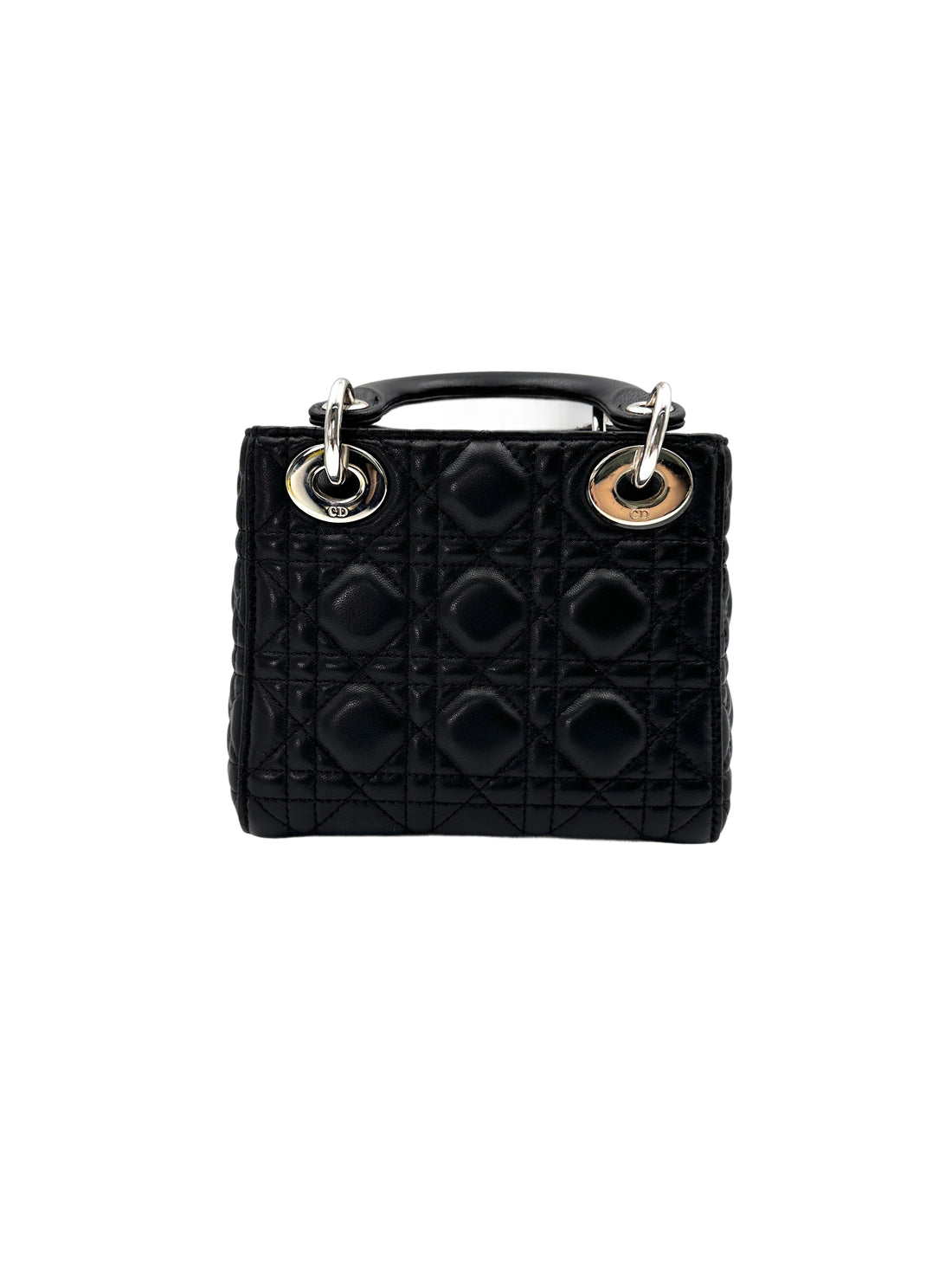 Christian Dior Lady Dior Black Cannage Leather Handle Bag With Silver Charms DR660