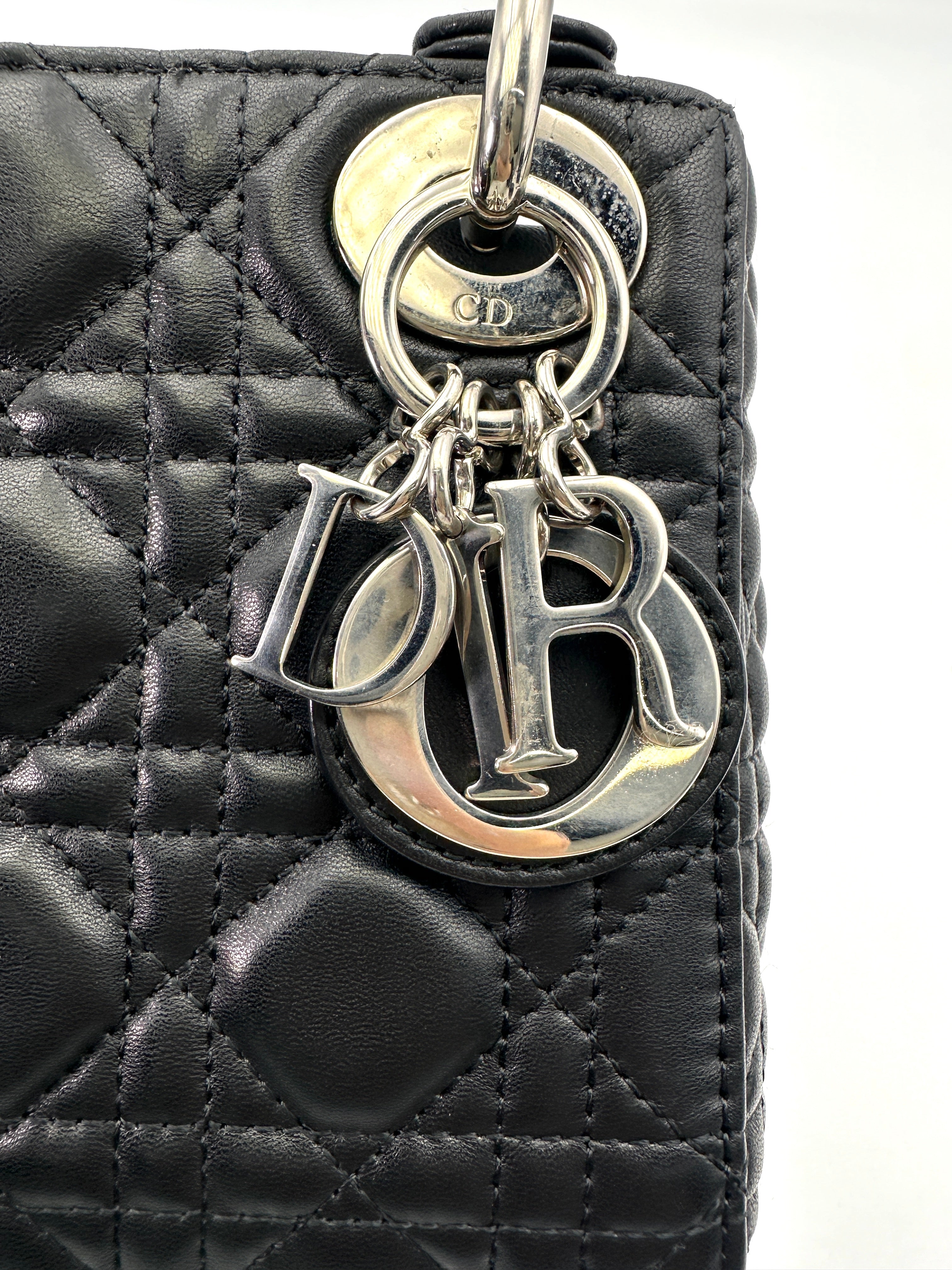 Christian Dior Lady Dior Black Cannage Leather Handle Bag With Silver Charms DR660