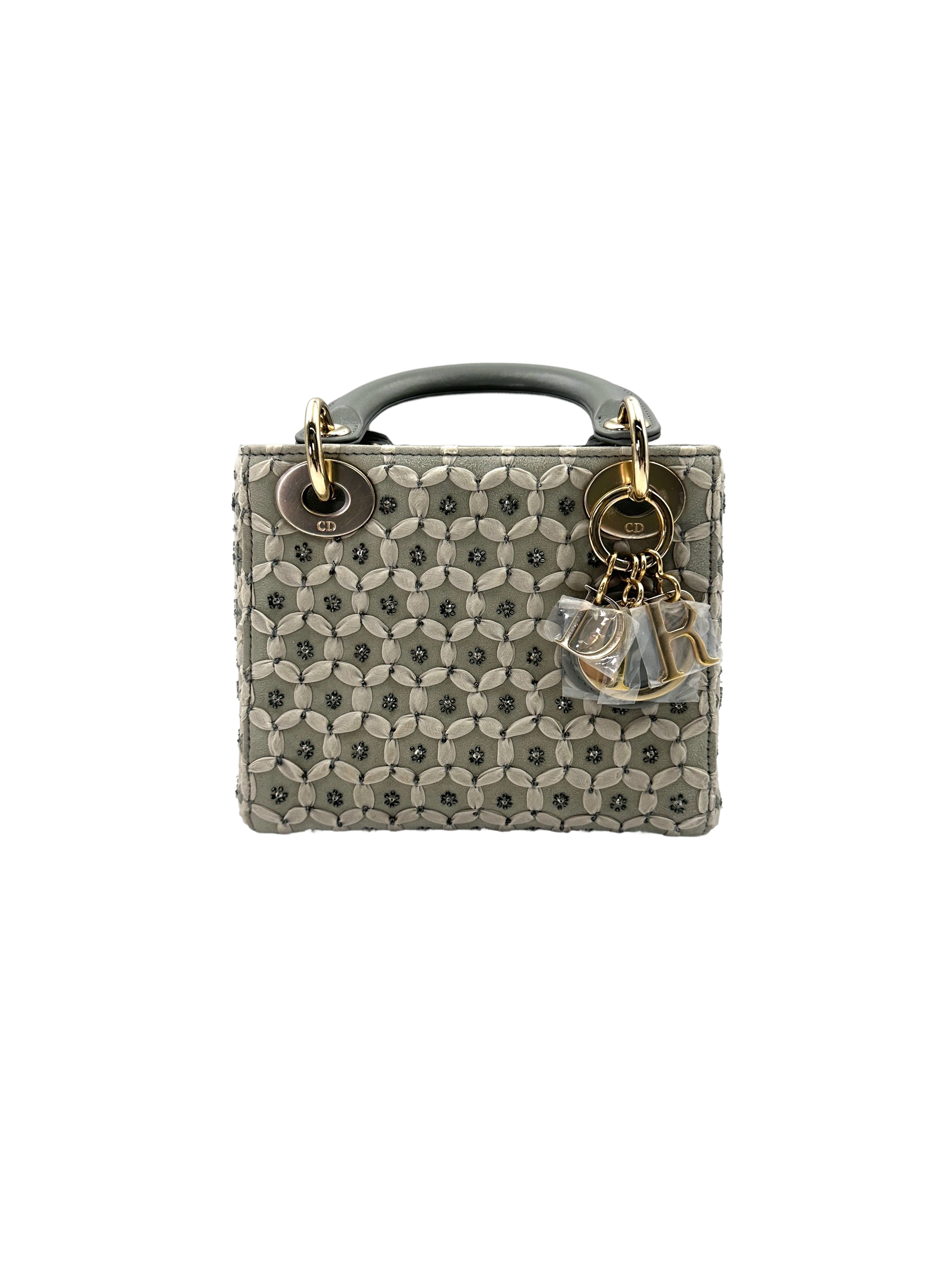 Christian Dior Lady Dior Grey Embroidery Handle Bag With Gold Charms DR658