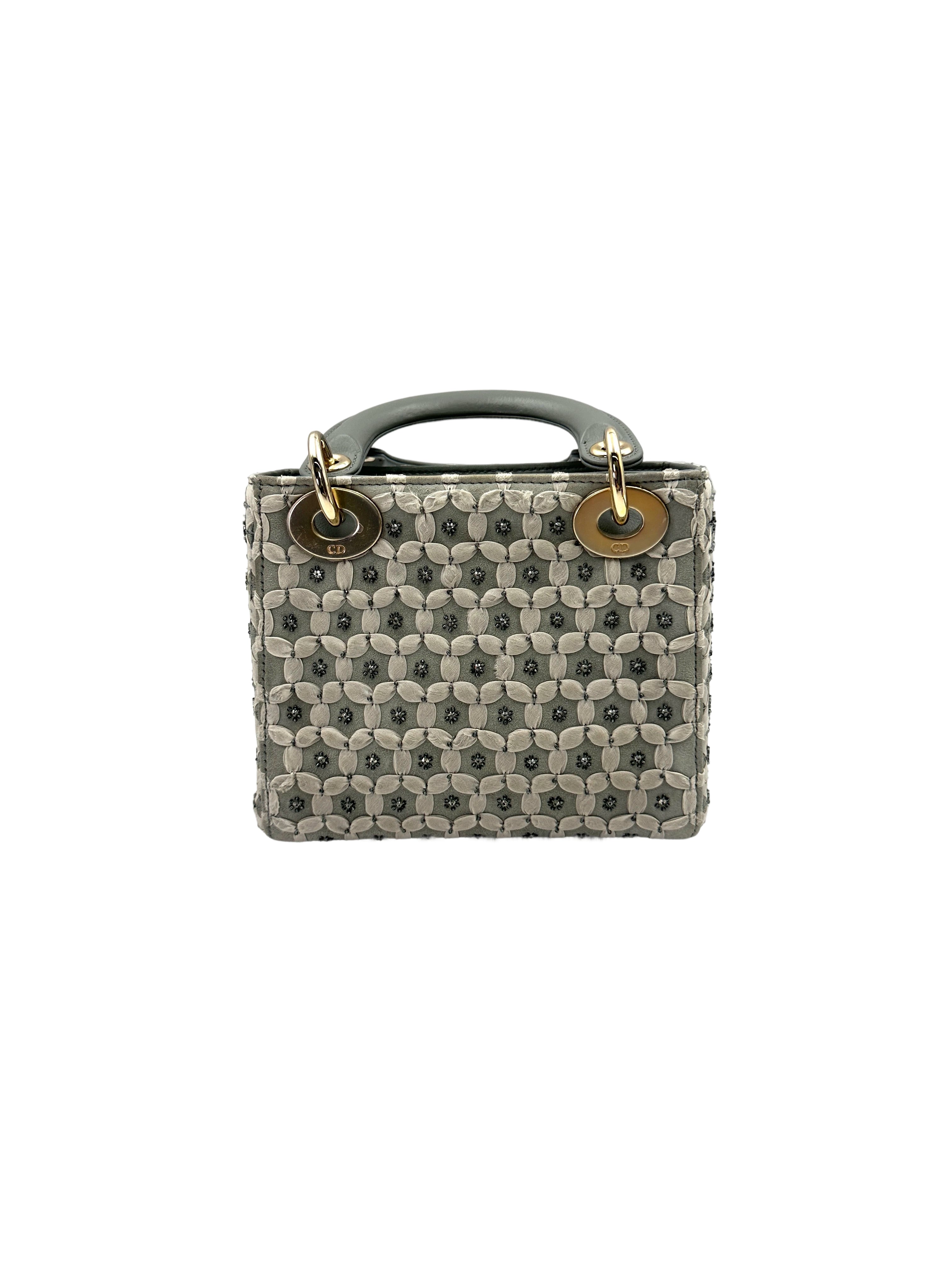 Christian Dior Lady Dior Grey Embroidery Handle Bag With Gold Charms DR658
