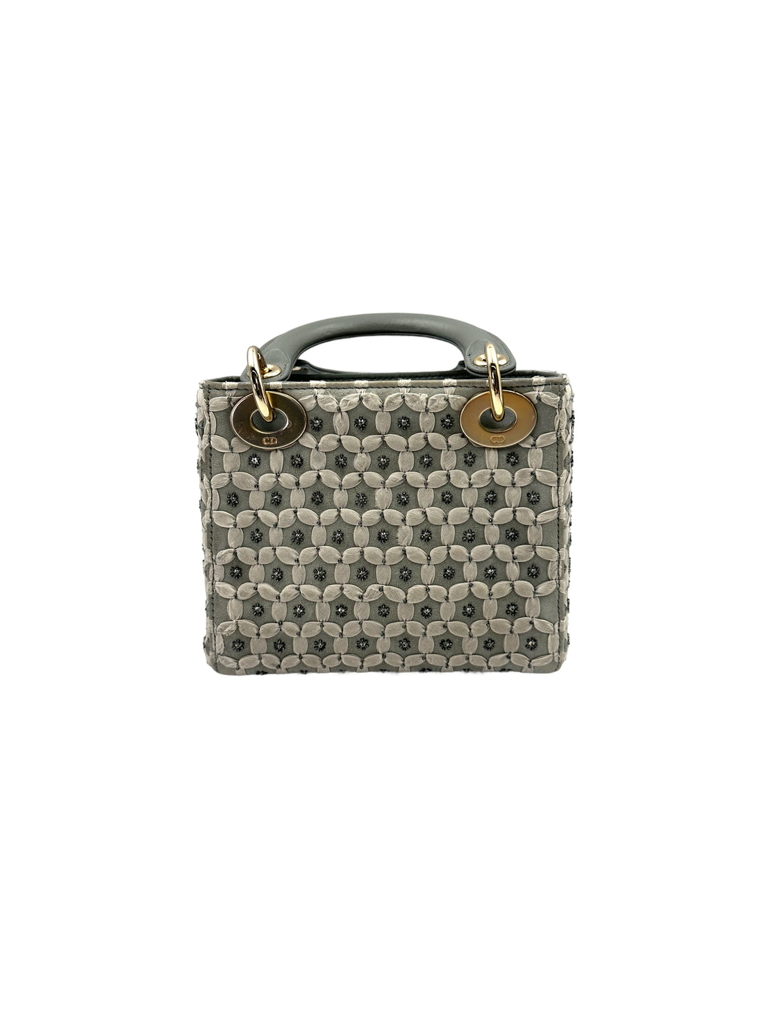 Christian Dior Lady Dior Grey Embroidery Handle Bag With Gold Charms DR658