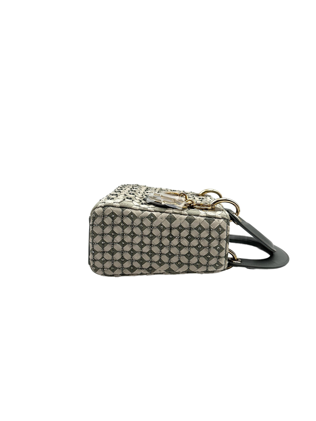 Christian Dior Lady Dior Grey Embroidery Handle Bag With Gold Charms DR658