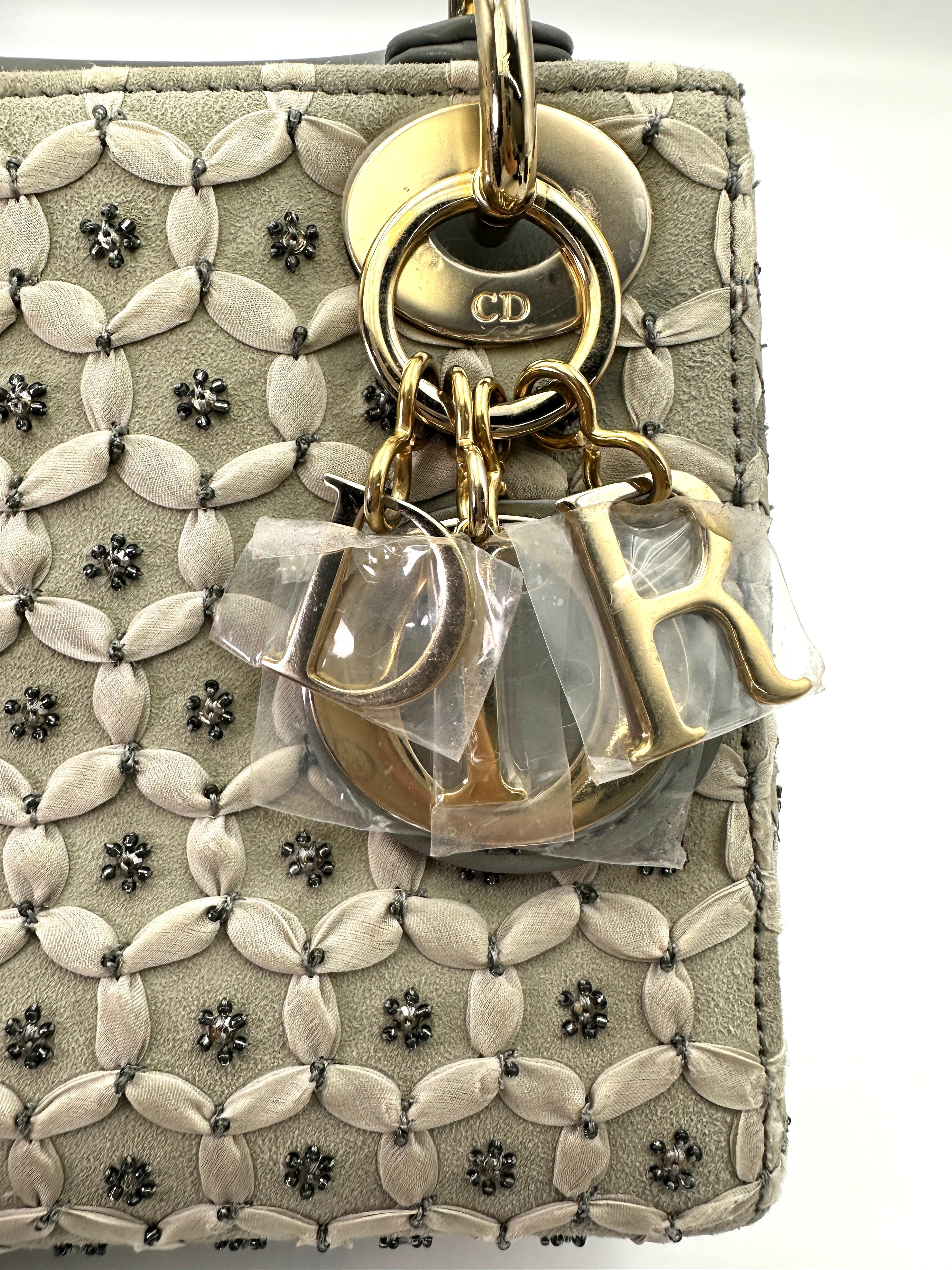 Christian Dior Lady Dior Grey Embroidery Handle Bag With Gold Charms DR658