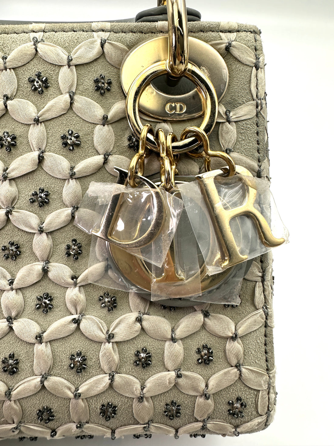 Christian Dior Lady Dior Grey Embroidery Handle Bag With Gold Charms DR658