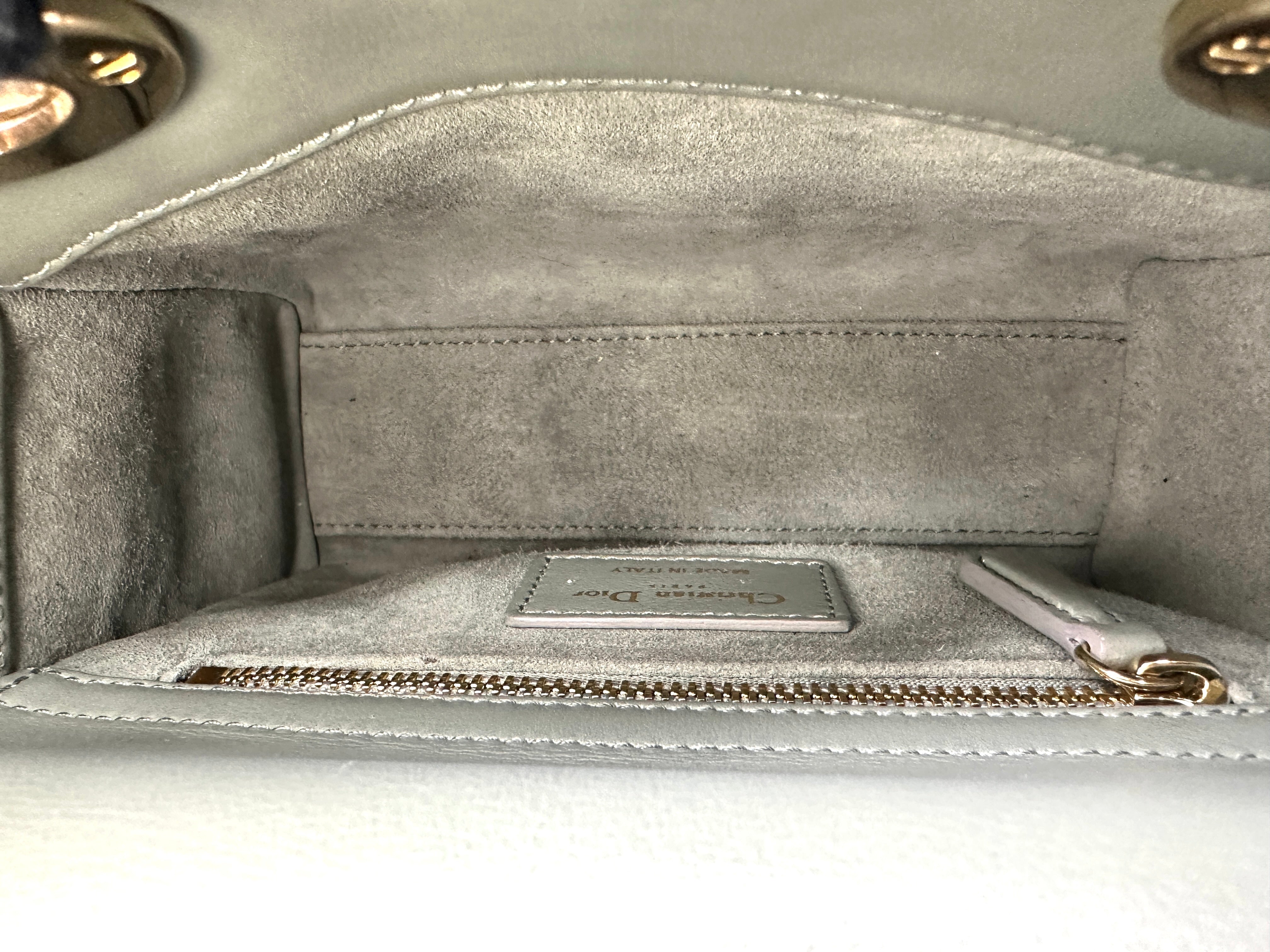 Christian Dior Lady Dior Grey Embroidery Handle Bag With Gold Charms DR658