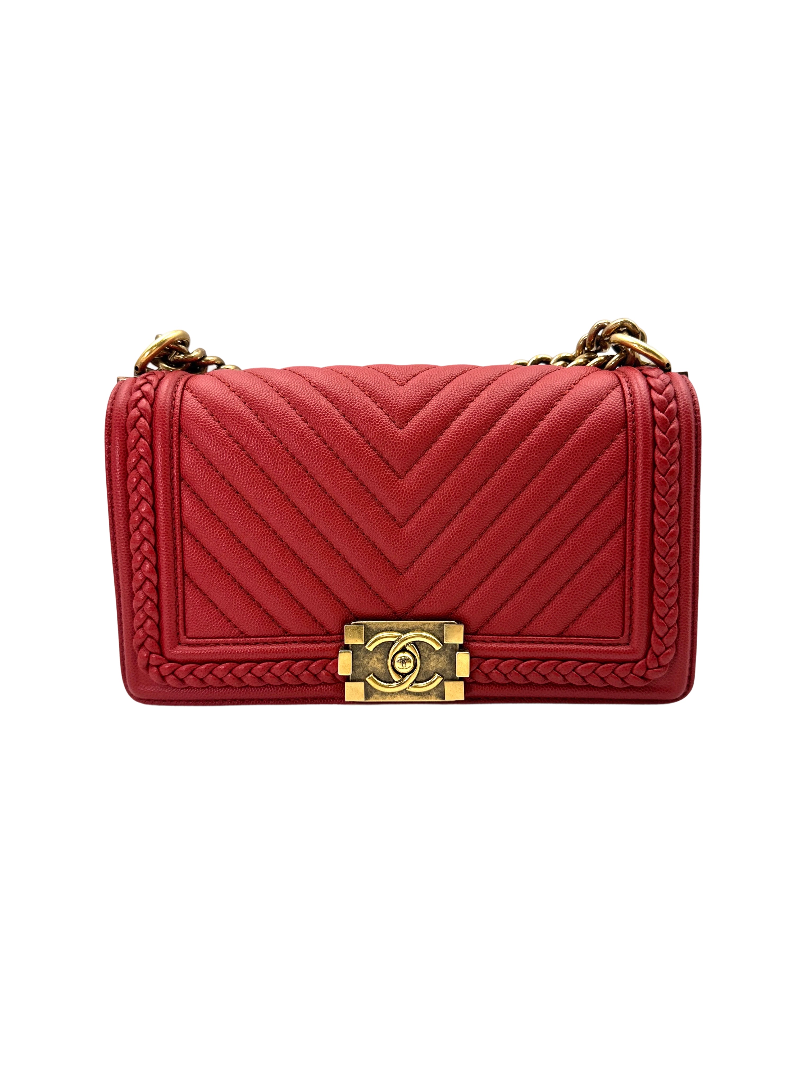 Chanel LeBoy Red Chevron Quilted Braided Leather Flap Bag With Gold Buckle(25***52) CC1729