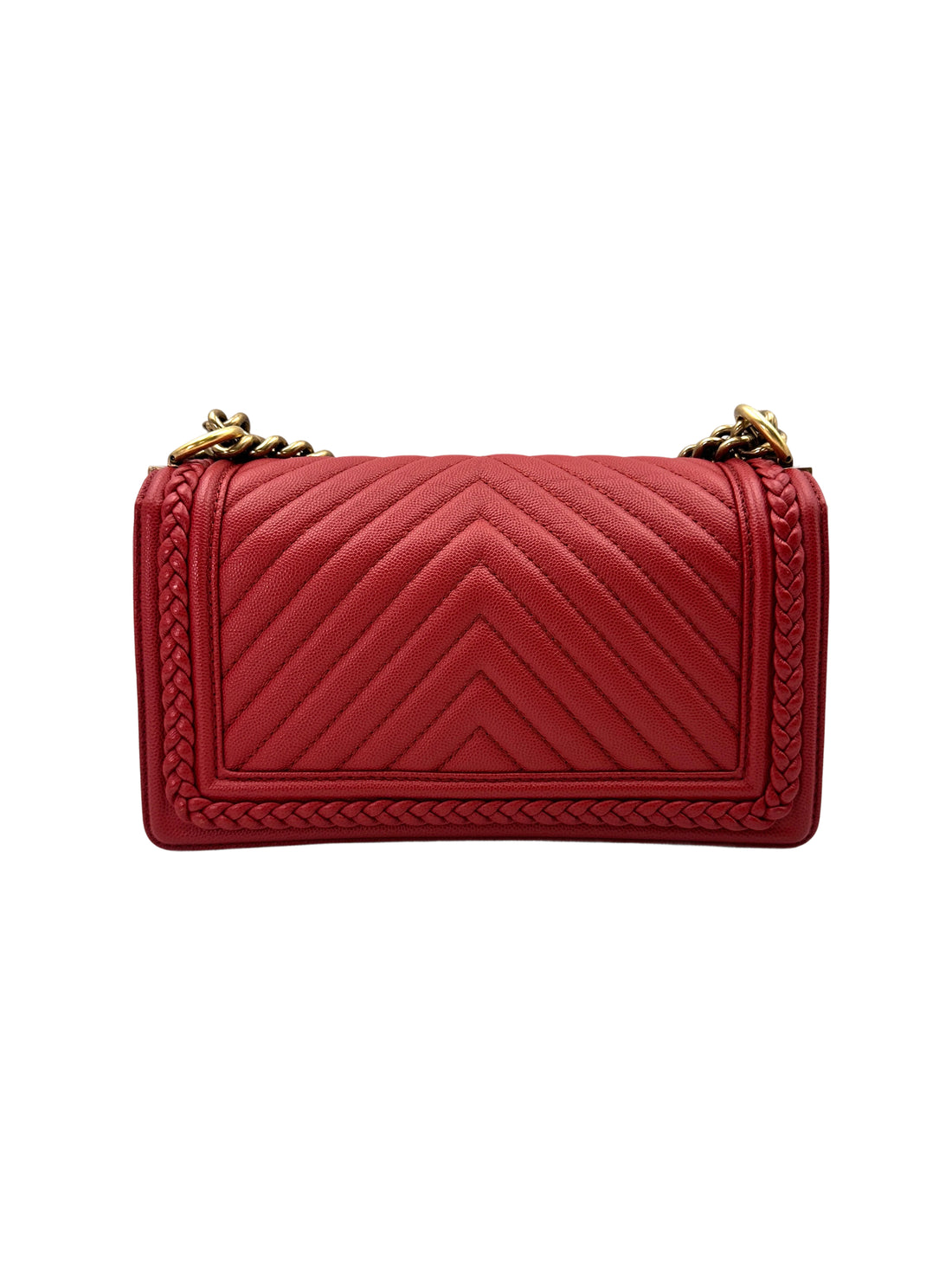 Chanel LeBoy Red Chevron Quilted Braided Leather Flap Bag With Gold Buckle(25***52) CC1729