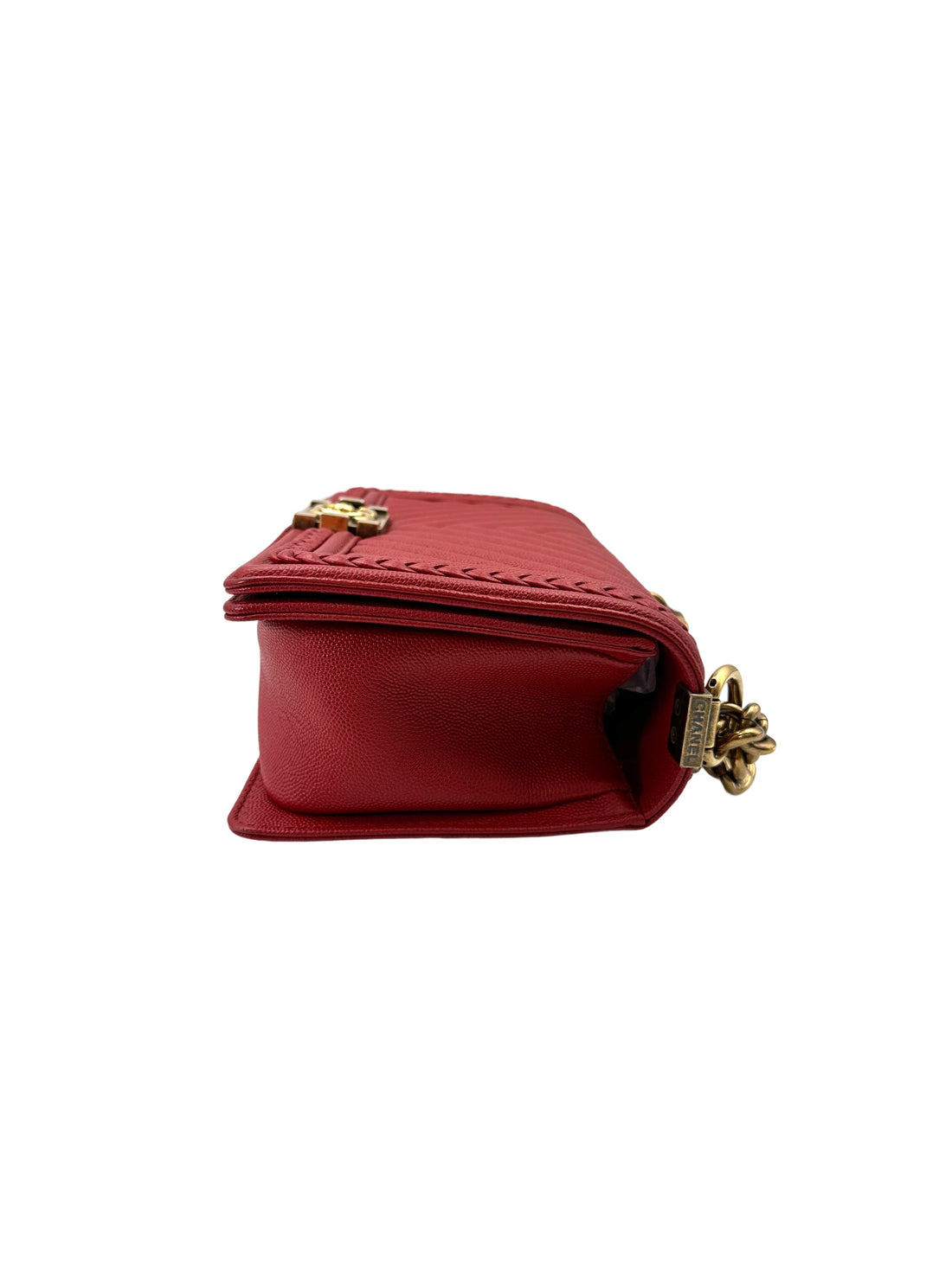 Chanel LeBoy Red Chevron Quilted Braided Leather Flap Bag With Gold Buckle(25***52) CC1729