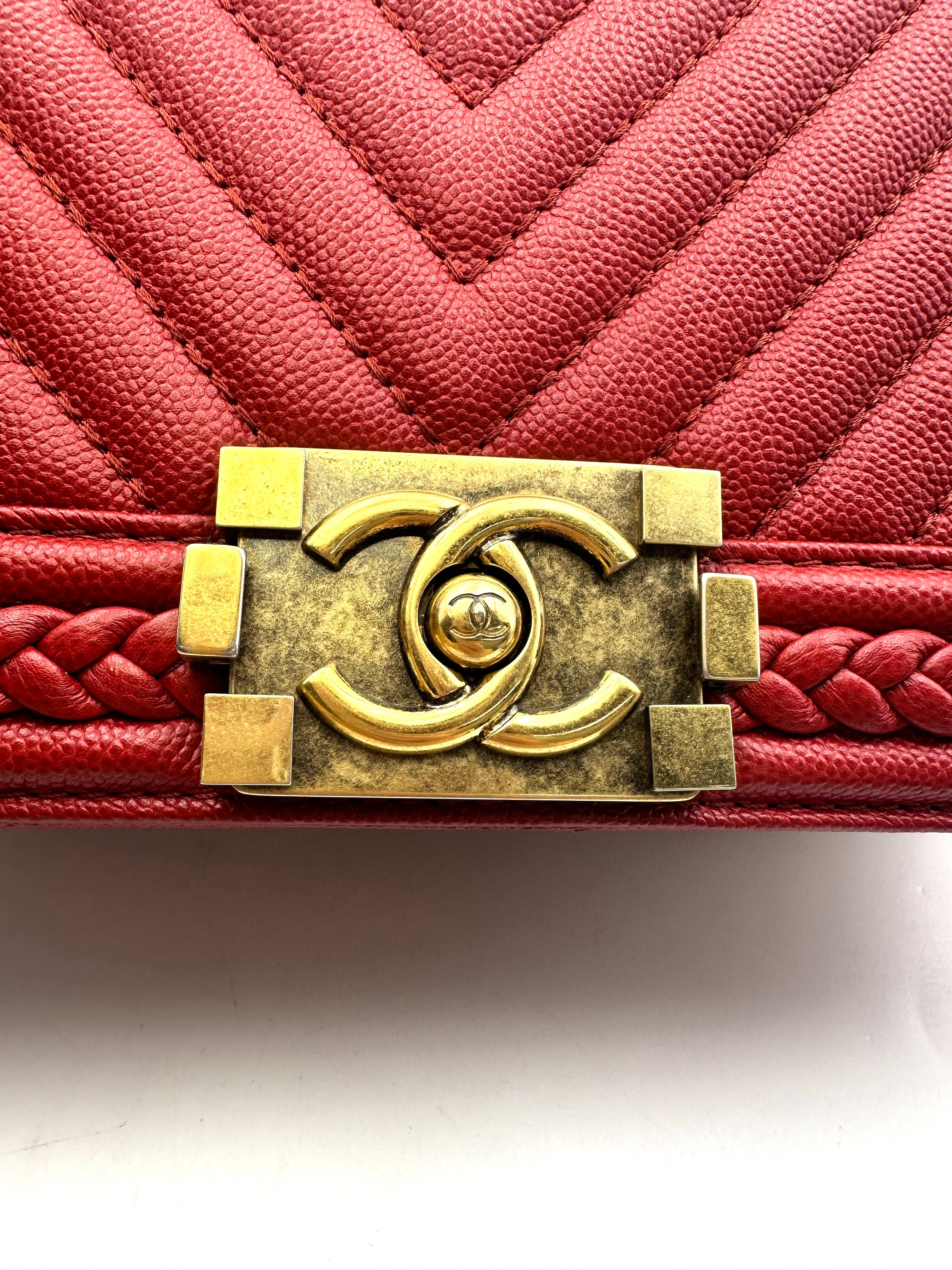 Chanel LeBoy Red Chevron Quilted Braided Leather Flap Bag With Gold Buckle(25***52) CC1729