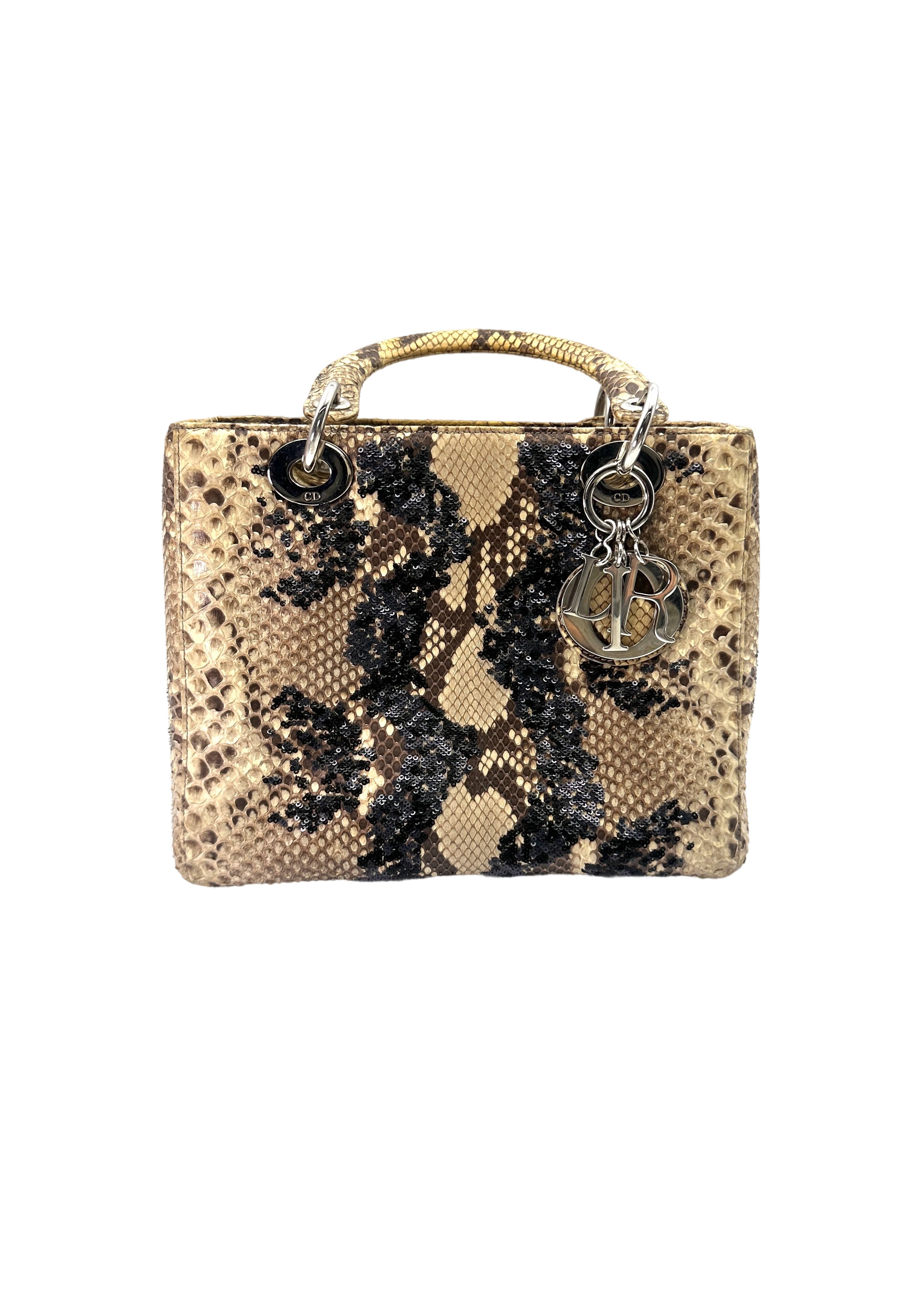 Christian Dior Lady Dior Beige/Black Exotic Python Snakeskin Handle Bag  IRIS147