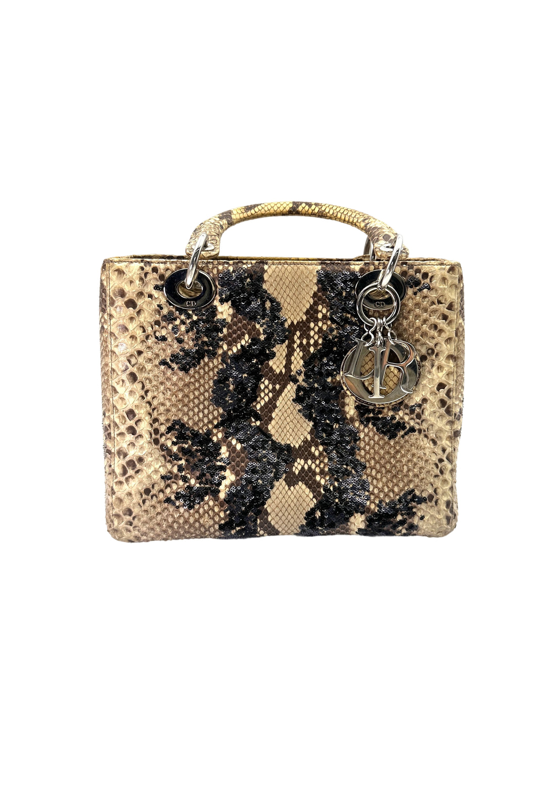 Christian Dior Lady Dior Beige/Black Exotic Python Snakeskin Handle Bag  IRIS147
