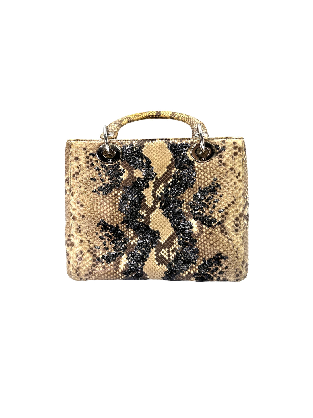 Christian Dior Lady Dior Beige/Black Exotic Python Snakeskin Handle Bag  IRIS147