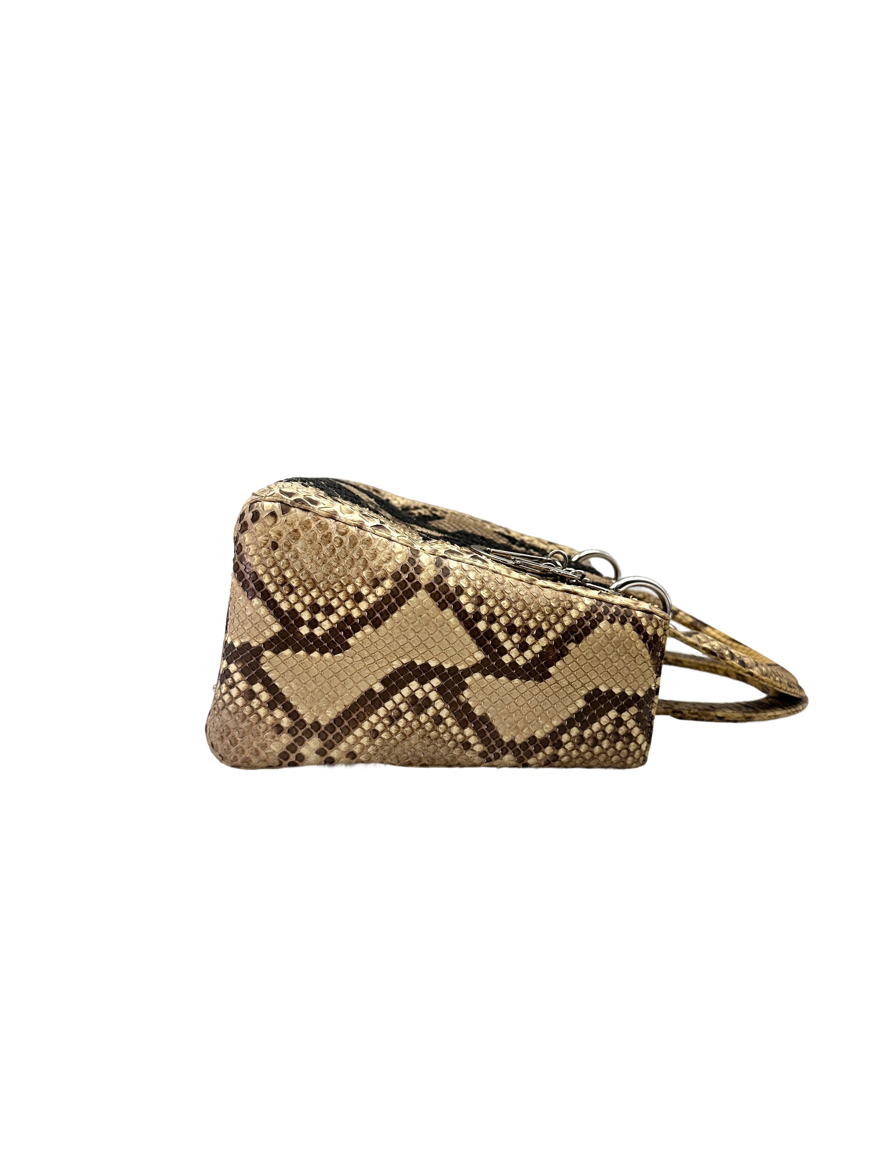 Christian Dior Lady Dior Beige/Black Exotic Python Snakeskin Handle Bag  IRIS147