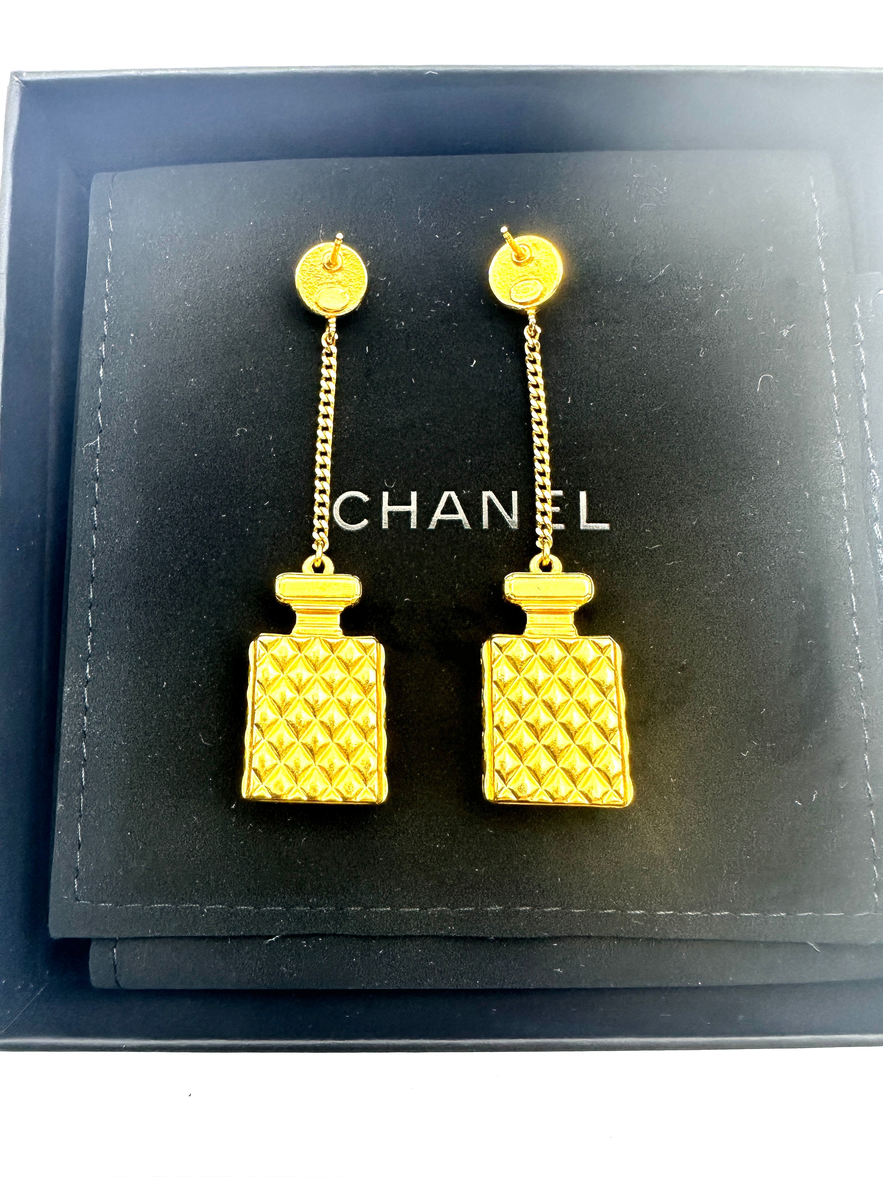 Chanel 21V Metal Crystal Pearl No.5 Perfume Bottle Chain Drop Earrings CC1732