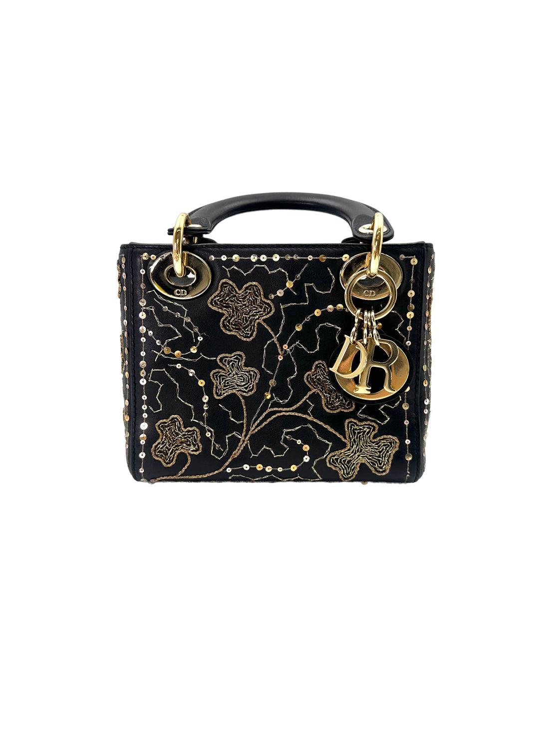 Christian Dior Lady Dior Black Gold "Clovers" Embroidered Handle Bag Wih Gold Charms IRIS138