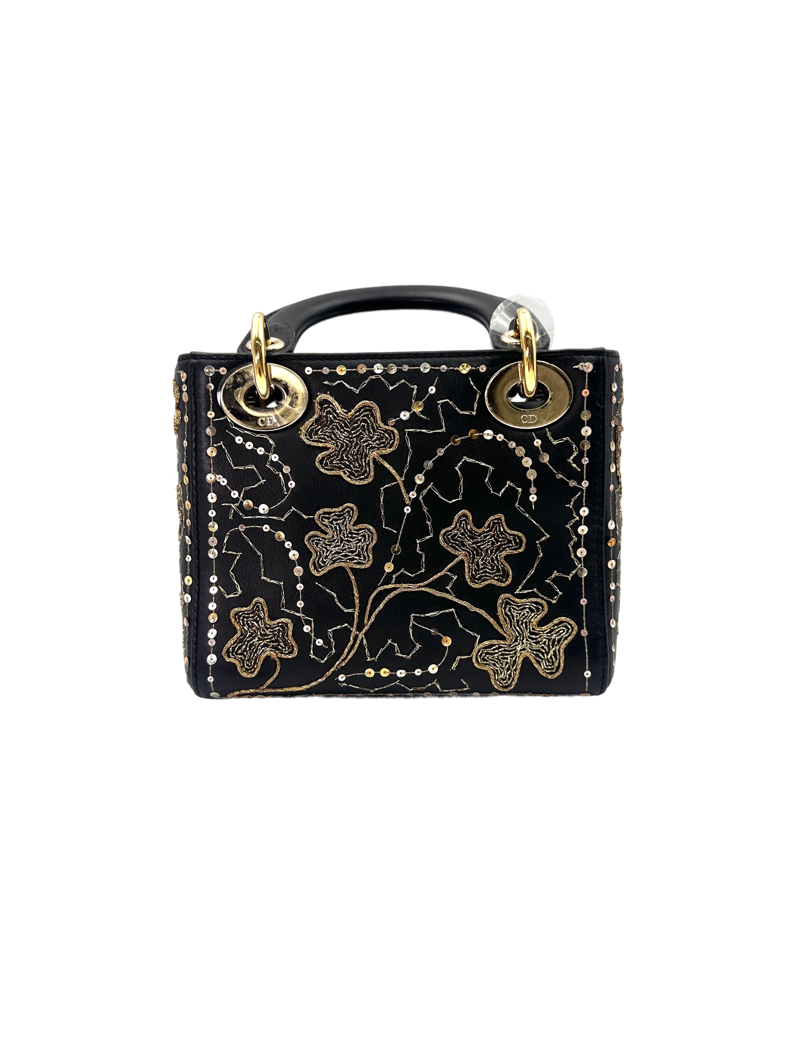 Christian Dior Lady Dior Black Gold "Clovers" Embroidered Handle Bag Wih Gold Charms IRIS138