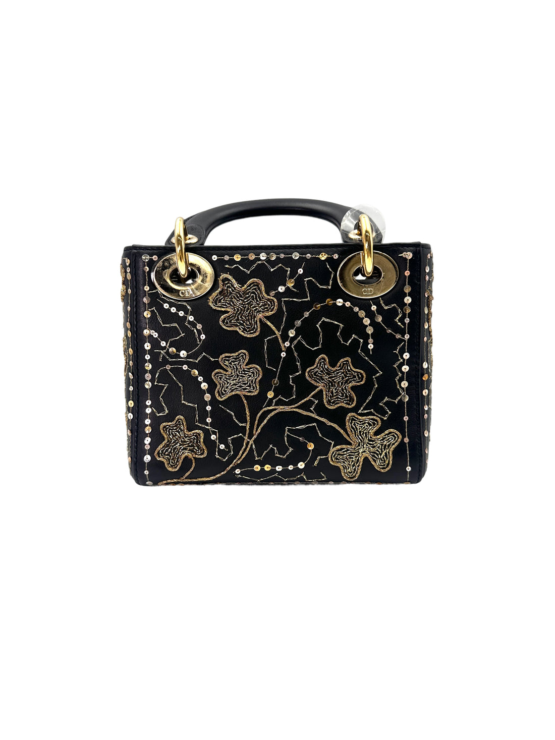 Christian Dior Lady Dior Black Gold "Clovers" Embroidered Handle Bag Wih Gold Charms IRIS138
