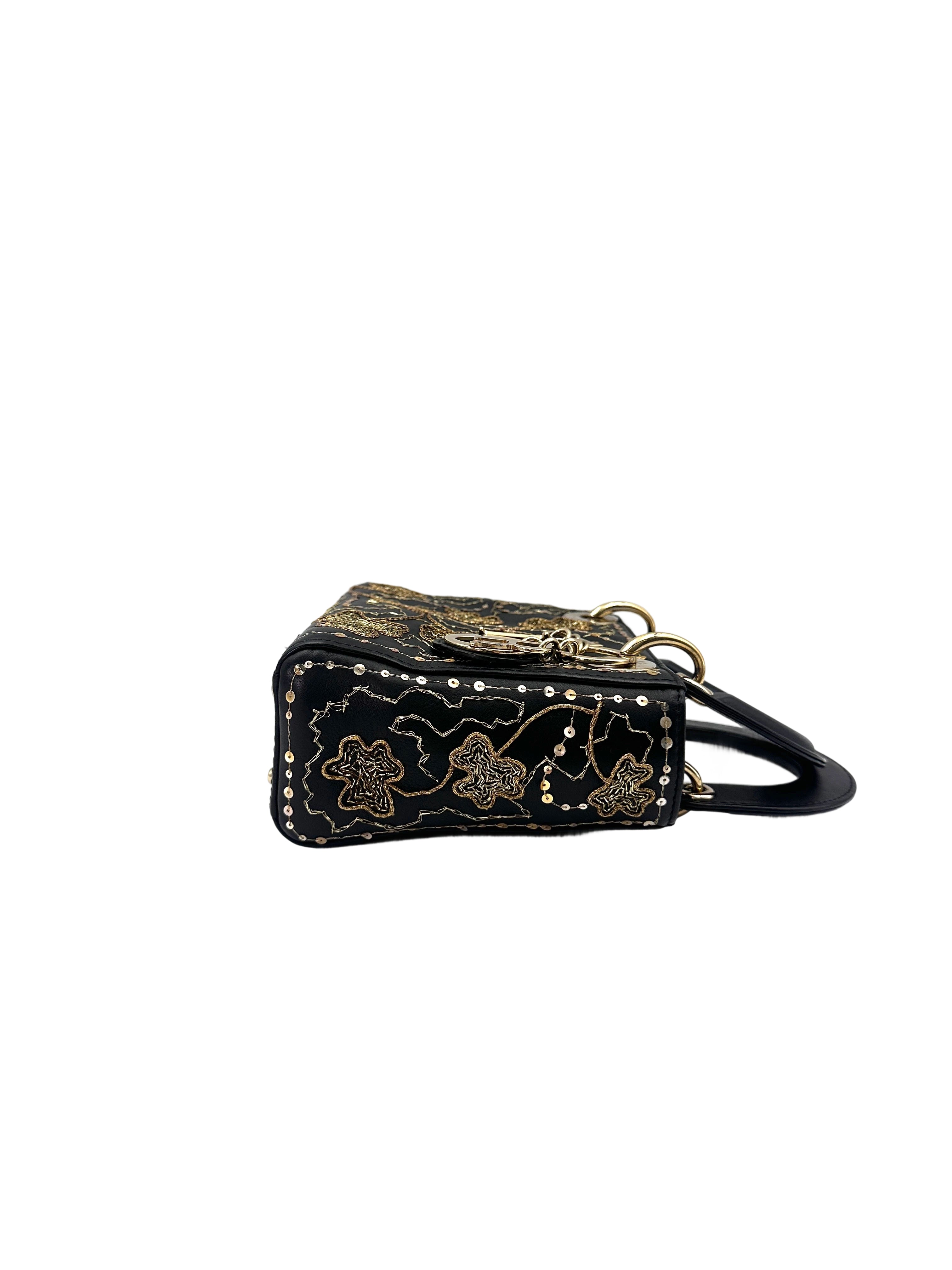 Christian Dior Lady Dior Black Gold "Clovers" Embroidered Handle Bag Wih Gold Charms IRIS138